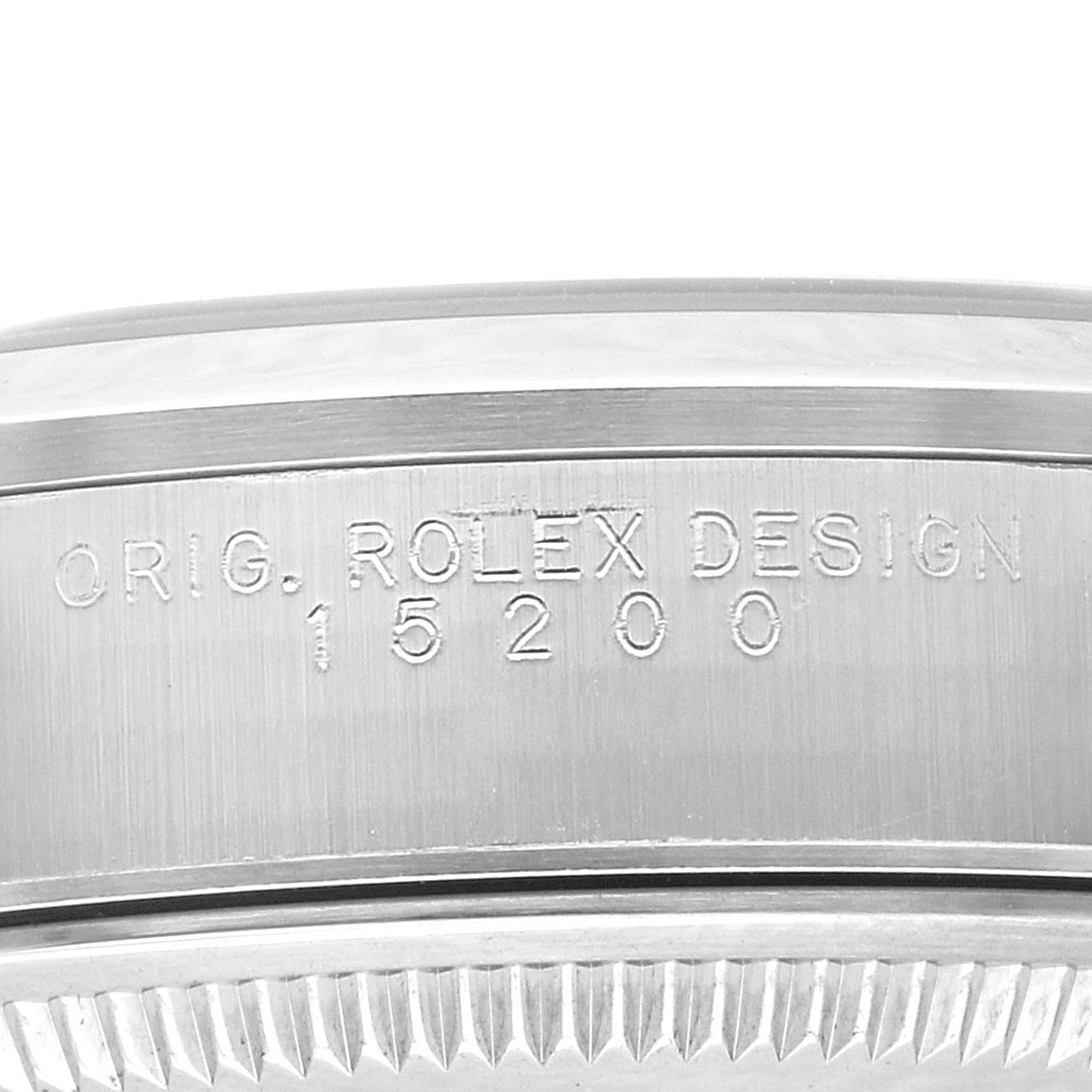 The image shows a close-up angle of the side view of a Rolex Date 15200 Men
s Stainless Steel Black Dial 15200 Men
s Stainless Steel Black Dial model watch with "15200" and "ORIG. ROLEX DESIGN" inscribed.
