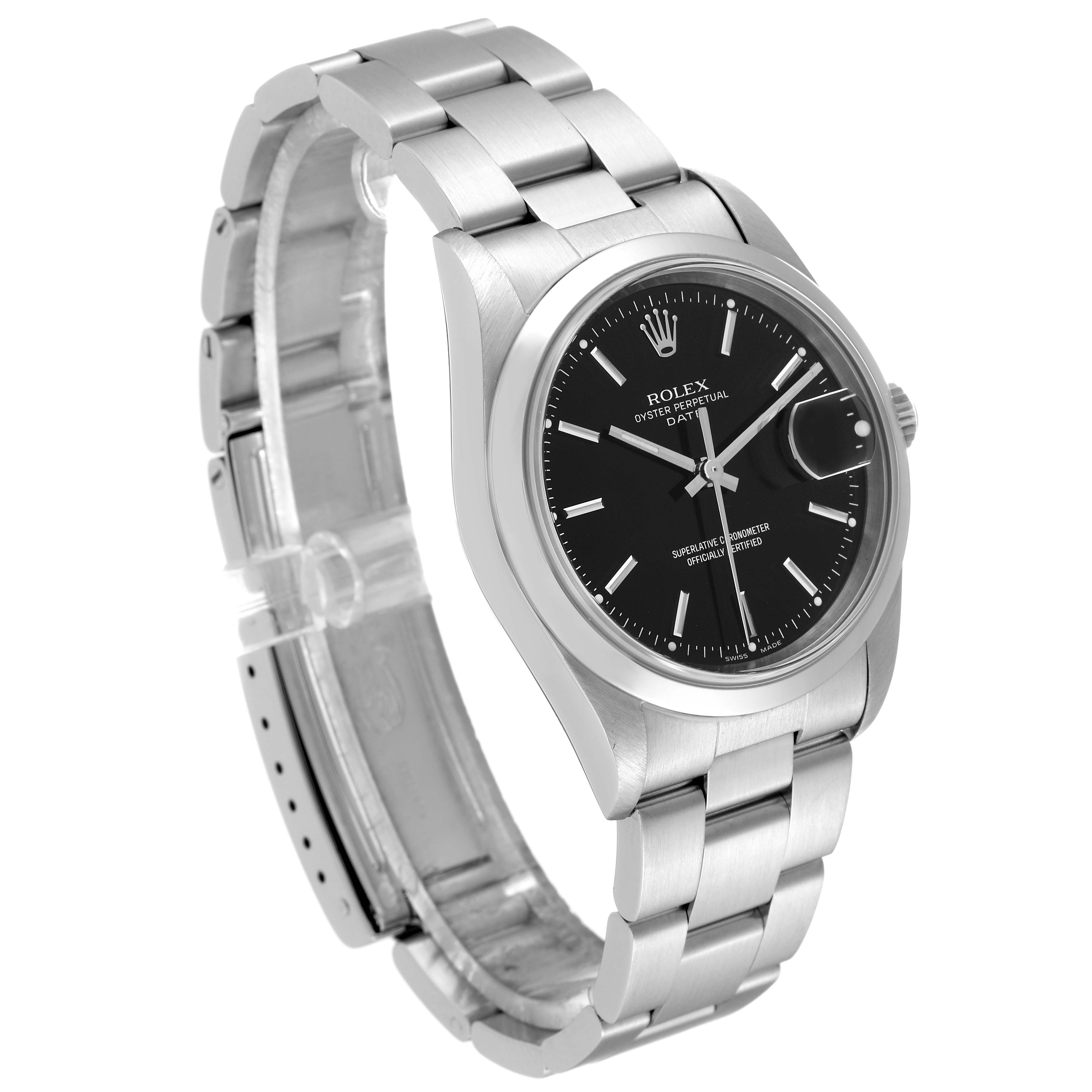 The image shows a side-angle view of a Rolex Date 15200 Men
s Stainless Steel Black Dial 15200 Men
s Stainless Steel Black Dial model watch, highlighting the black dial, stainless steel casing, and bracelet.