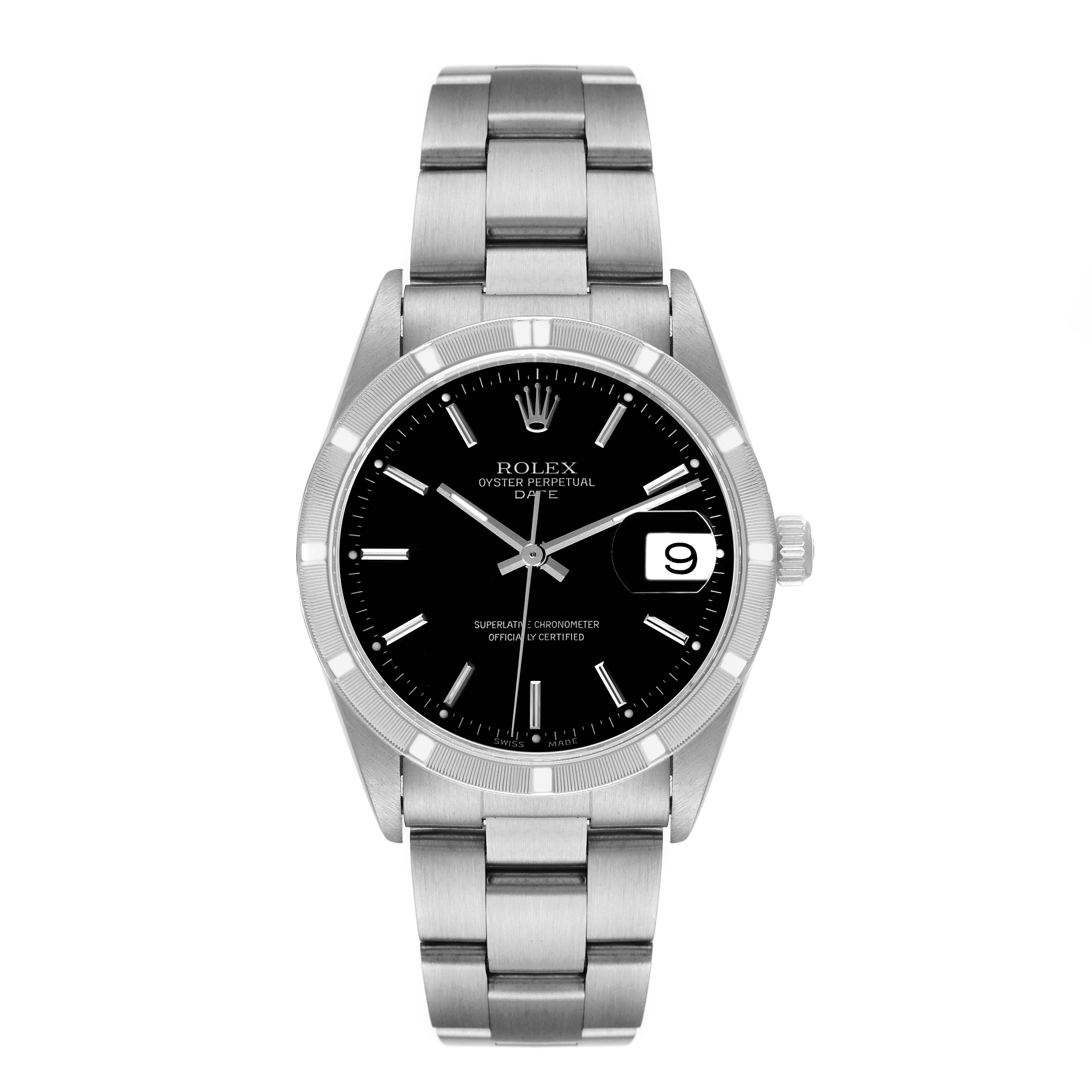 This image shows the front view of a Rolex Date 15210 Men's Stainless Steel Black Dial 15210 Men's Stainless Steel Black Dial model watch, highlighting the dial, case, bracelet, and date window.