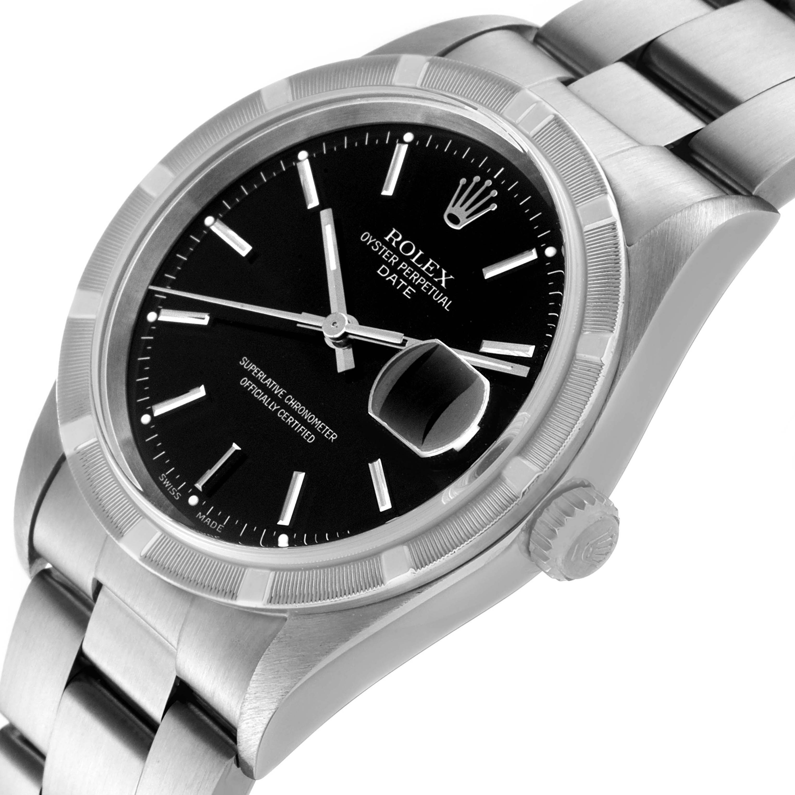 The image shows a Rolex Date 15210 Men's Stainless Steel Black Dial 15210 Men's Stainless Steel Black Dial model watch at an oblique angle, highlighting the black dial, bezel, bracelet, and crown.