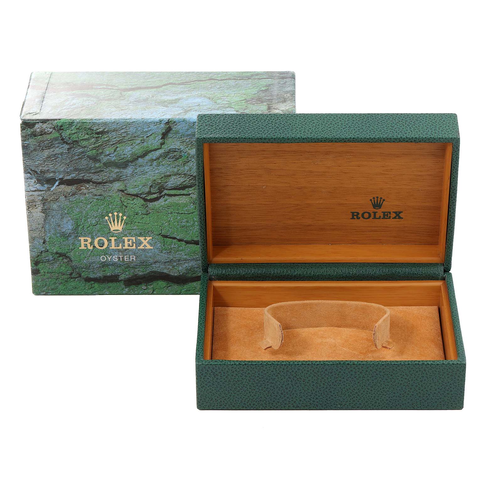 The image shows an open Rolex Date 15210 Men's Stainless Steel Black Dial 15210 Men's Stainless Steel Black Dial model watch box with a green exterior and a wooden interior.