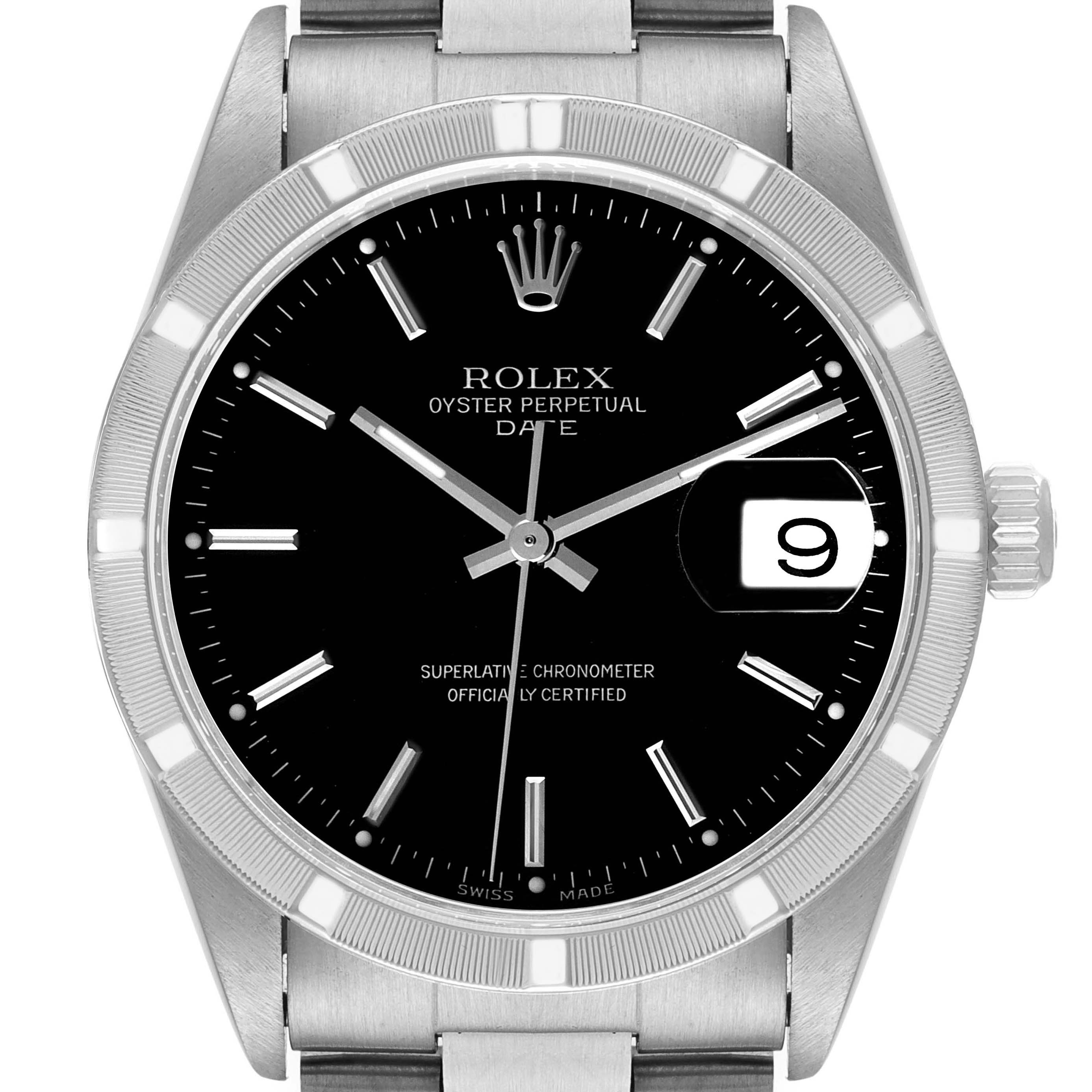 This image shows a front view of a Rolex Date 15210 Men's Stainless Steel Black Dial 15210 Men's Stainless Steel Black Dial model watch, highlighting the dial, bezel, crown, and part of the bracelet.