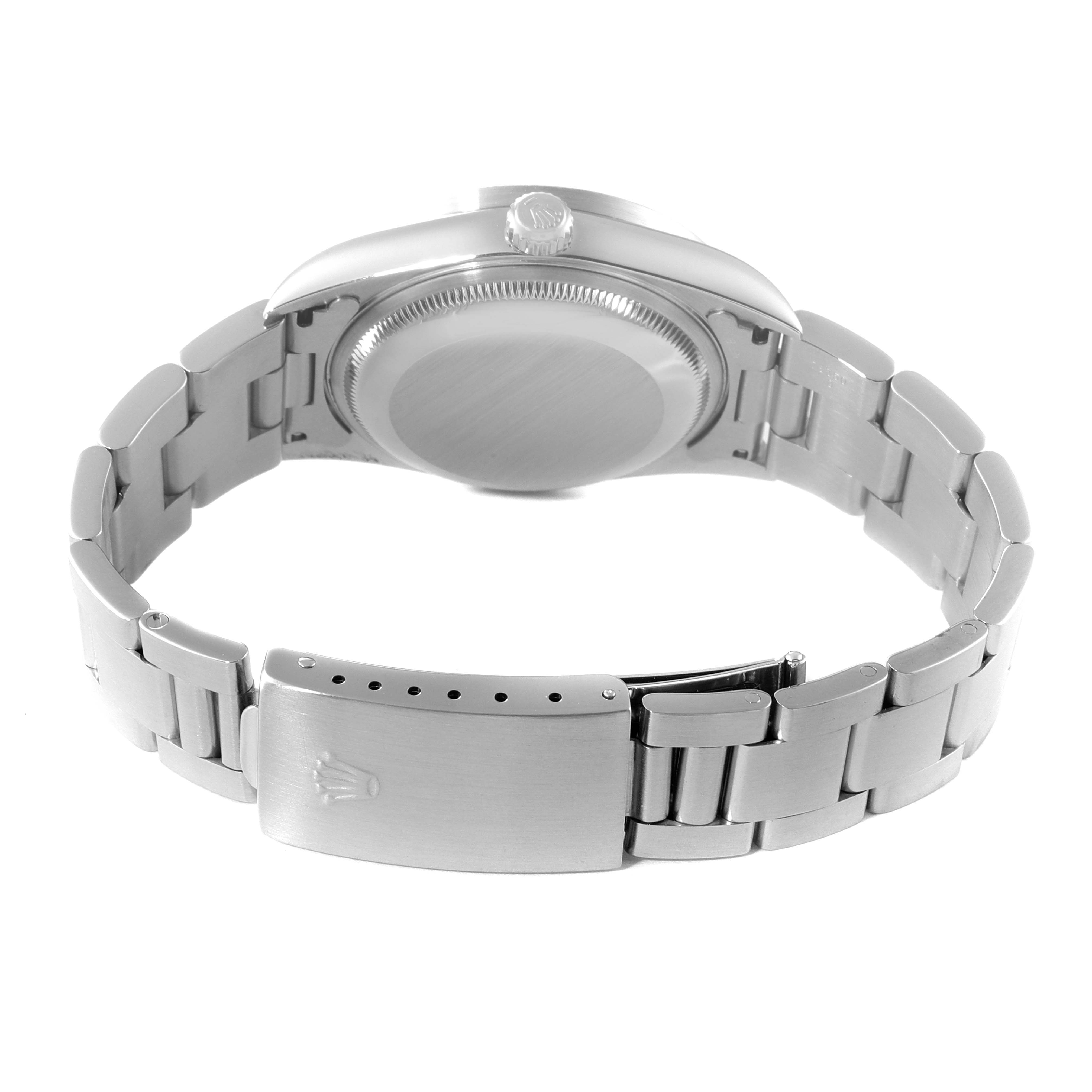 The image shows the back view of a Rolex Date 15210 Men's Stainless Steel Black Dial 15210 Men's Stainless Steel Black Dial model watch, highlighting the clasp, bracelet, and case back.