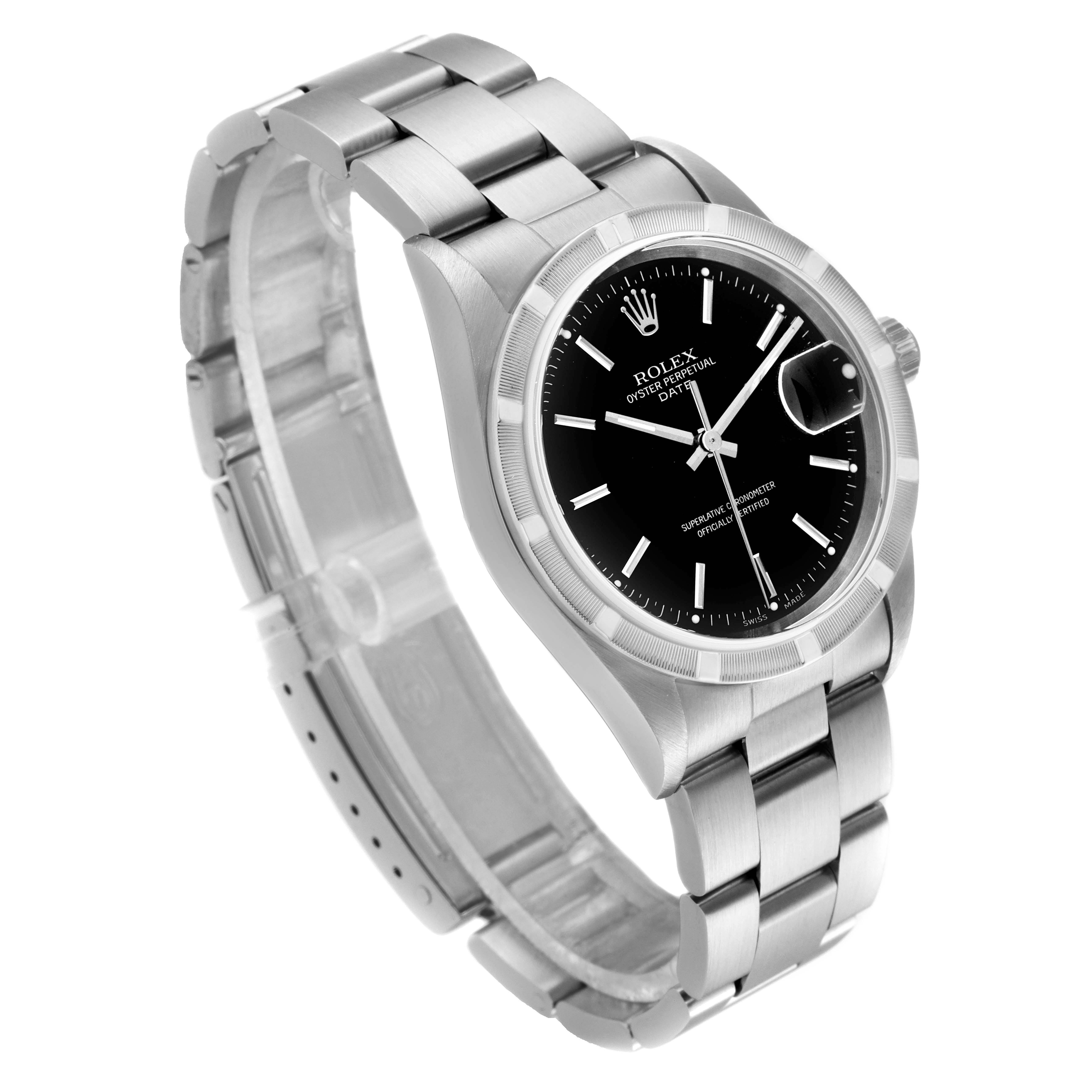 The image shows a Rolex Date 15210 Men's Stainless Steel Black Dial 15210 Men's Stainless Steel Black Dial model watch positioned at a slight angle, highlighting the face, bezel, and stainless steel bracelet.