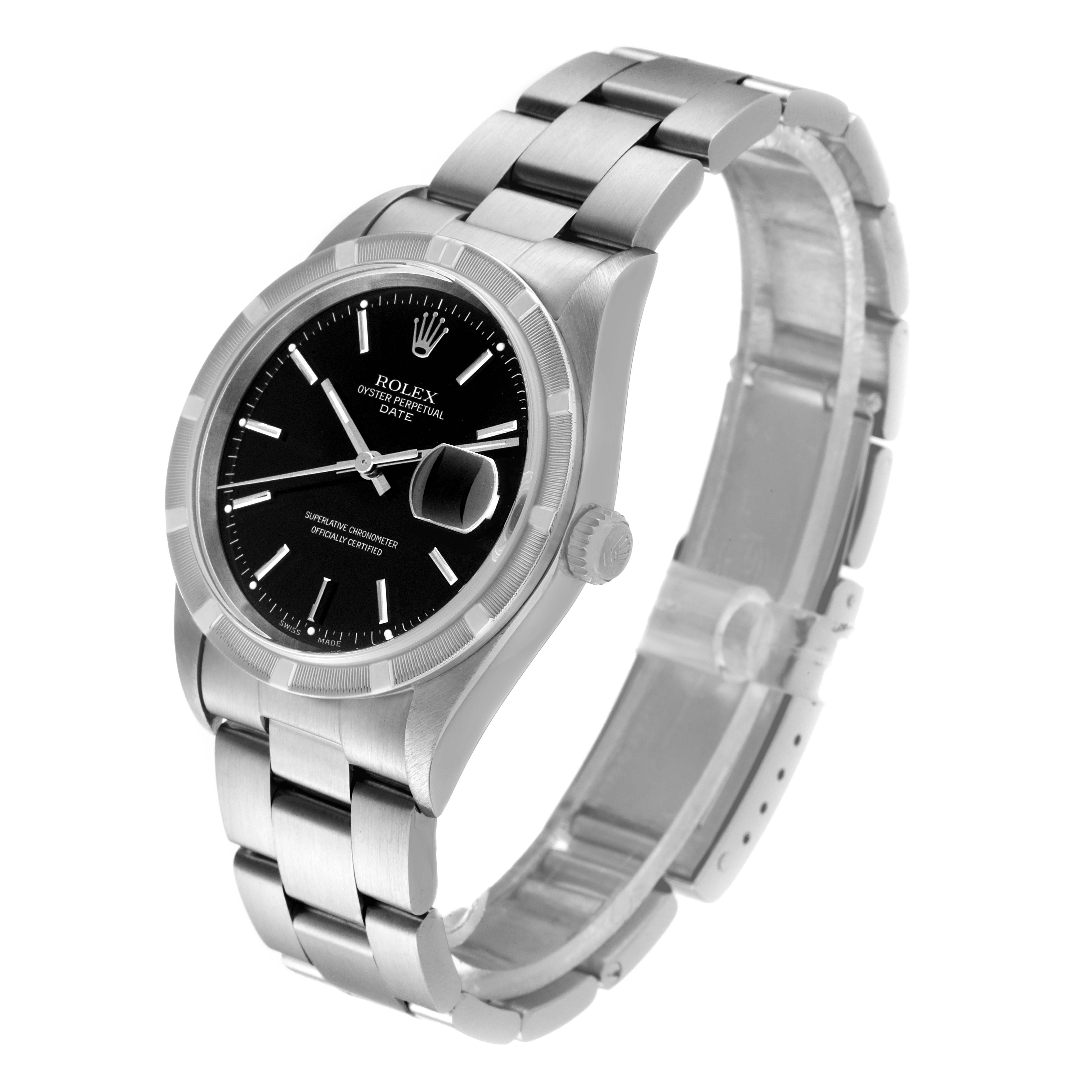 The Rolex Date 15210 Men's Stainless Steel Black Dial 15210 Men's Stainless Steel Black Dial model watch is shown from a three-quarter angle, displaying the face, bracelet, and crown.