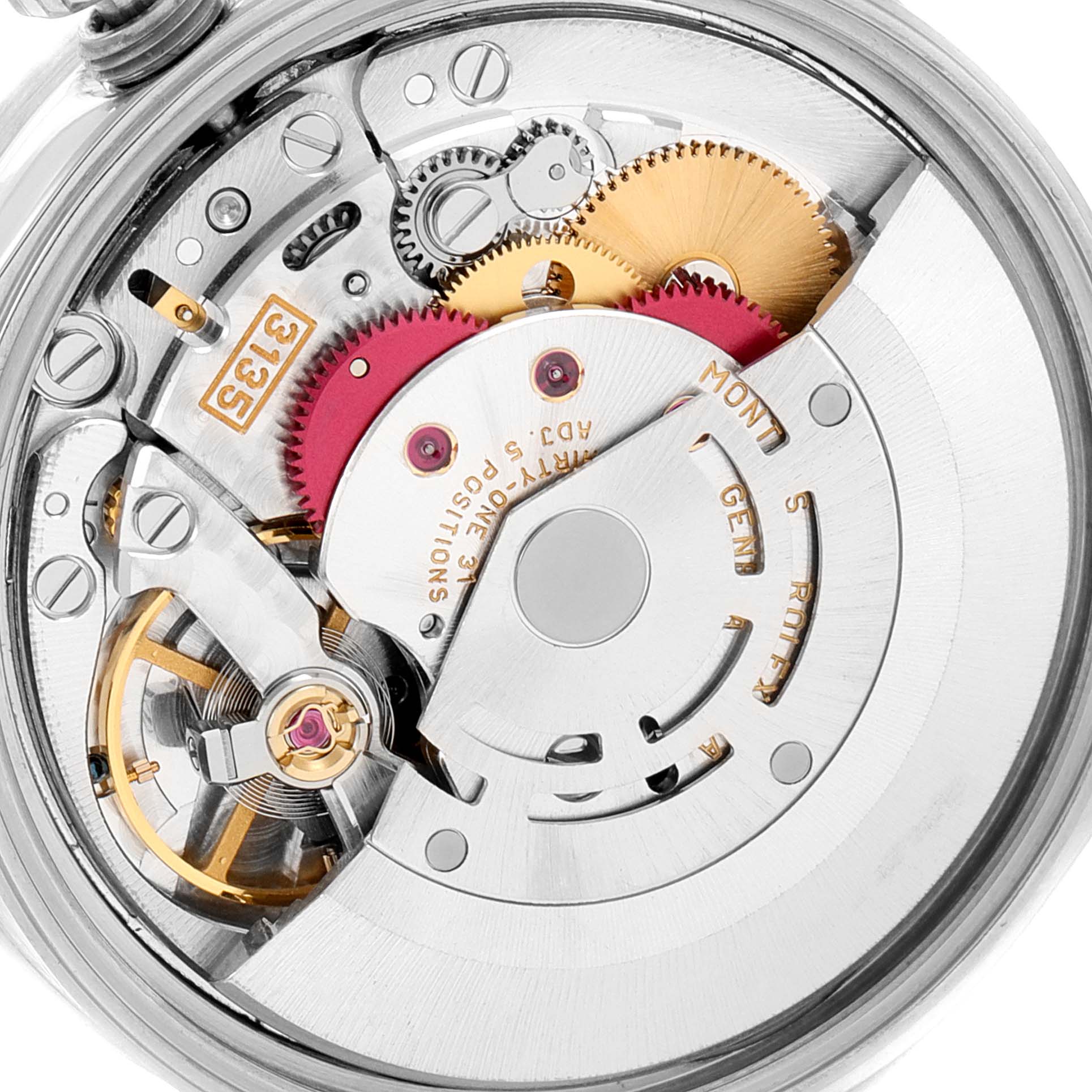 This image shows the movement mechanism of the Rolex Date 15210 Men's Stainless Steel Black Dial 15210 Men's Stainless Steel Black Dial model watch with visible gears, rotor, and components.