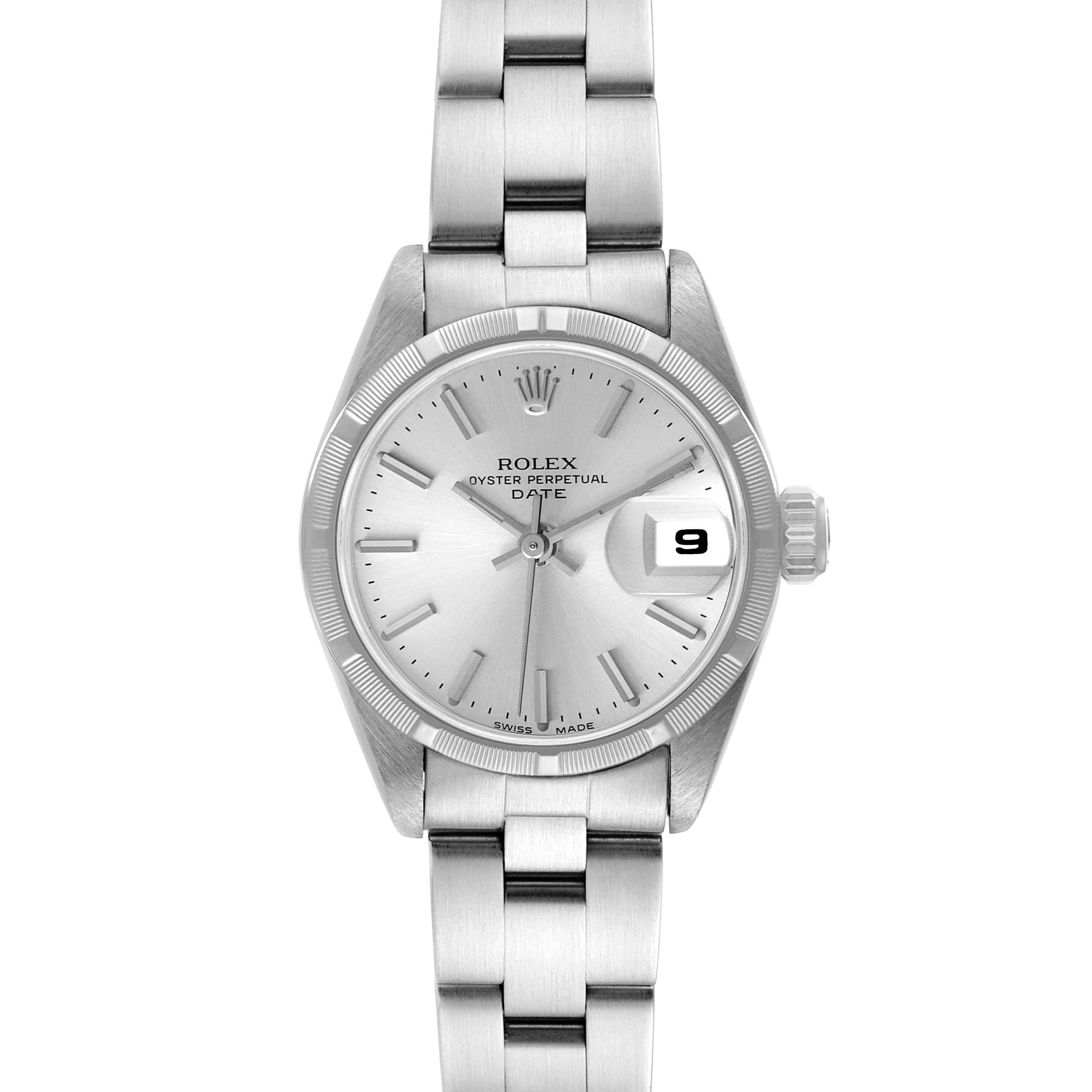 The image shows a frontal view of a Rolex Date 69190 Women's Stainless Steel Silver Dial 69190 Women's Stainless Steel Silver Dial model watch, highlighting the dial, bezel, bracelet, and date window.