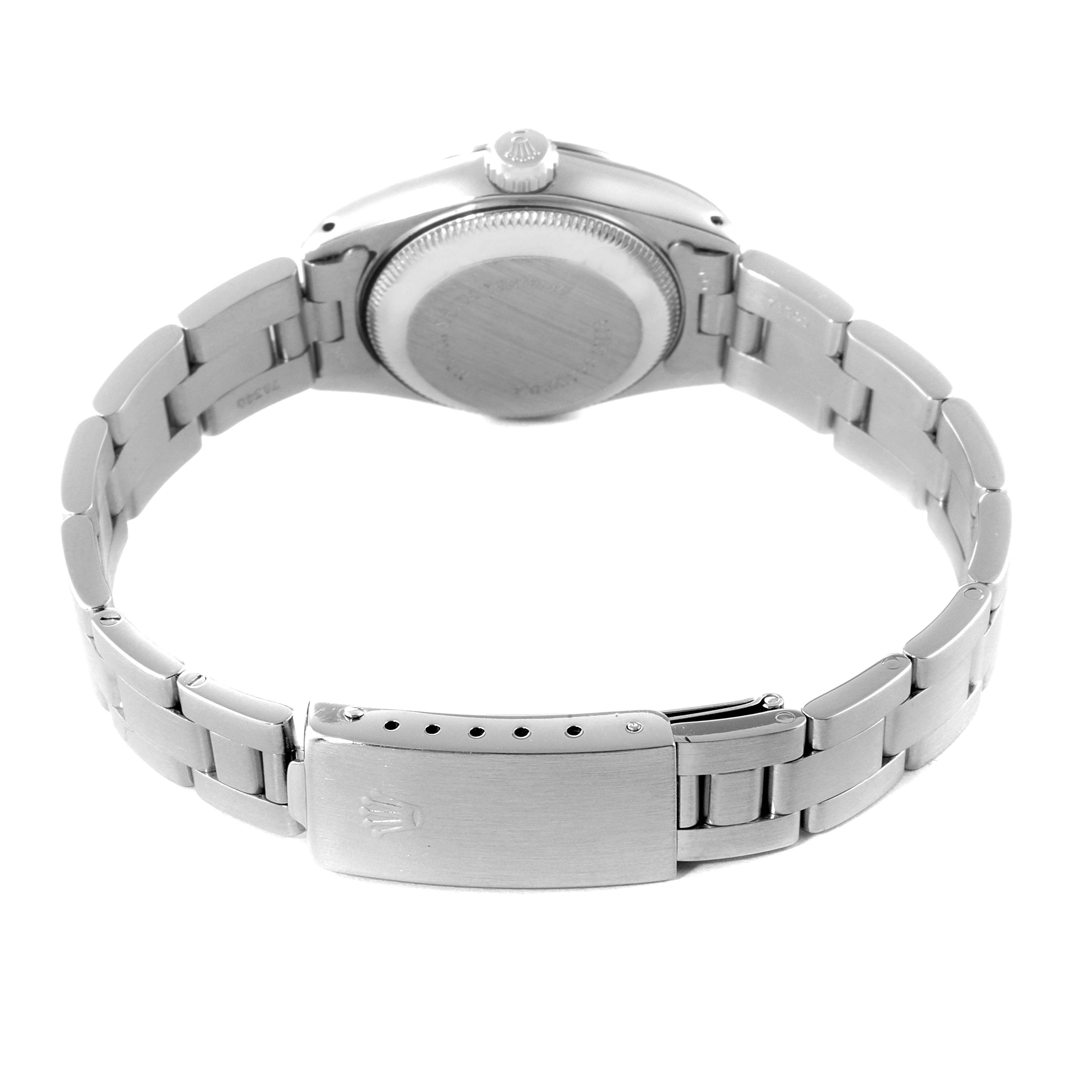 This image shows the back view of a Rolex Date 69190 Women's Stainless Steel Silver Dial 69190 Women's Stainless Steel Silver Dial model watch, highlighting the clasp, bracelet, and case back.