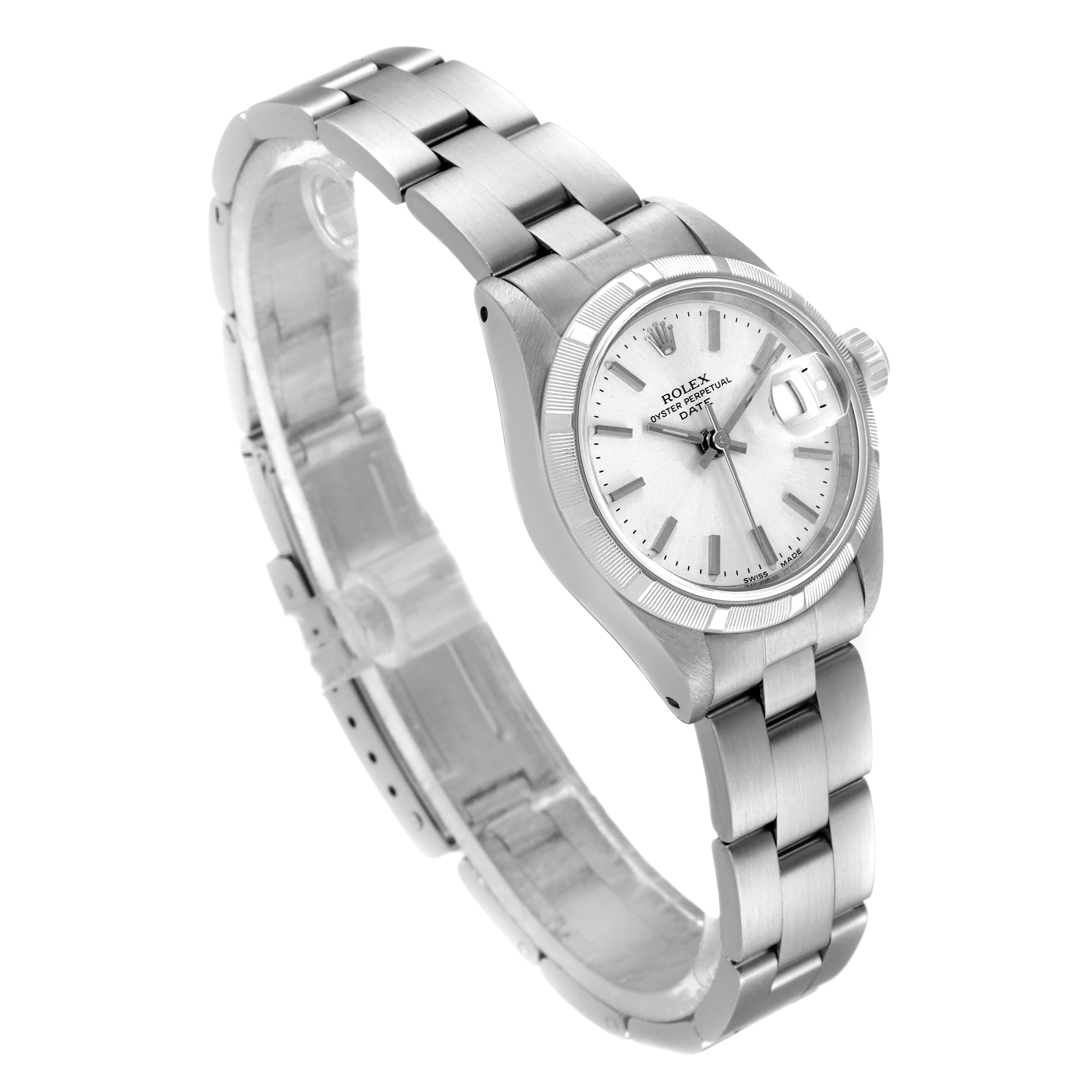 The Rolex Date 69190 Women's Stainless Steel Silver Dial 69190 Women's Stainless Steel Silver Dial model watch is shown at a three-quarter angle, displaying the face, bezel, crown, and bracelet.