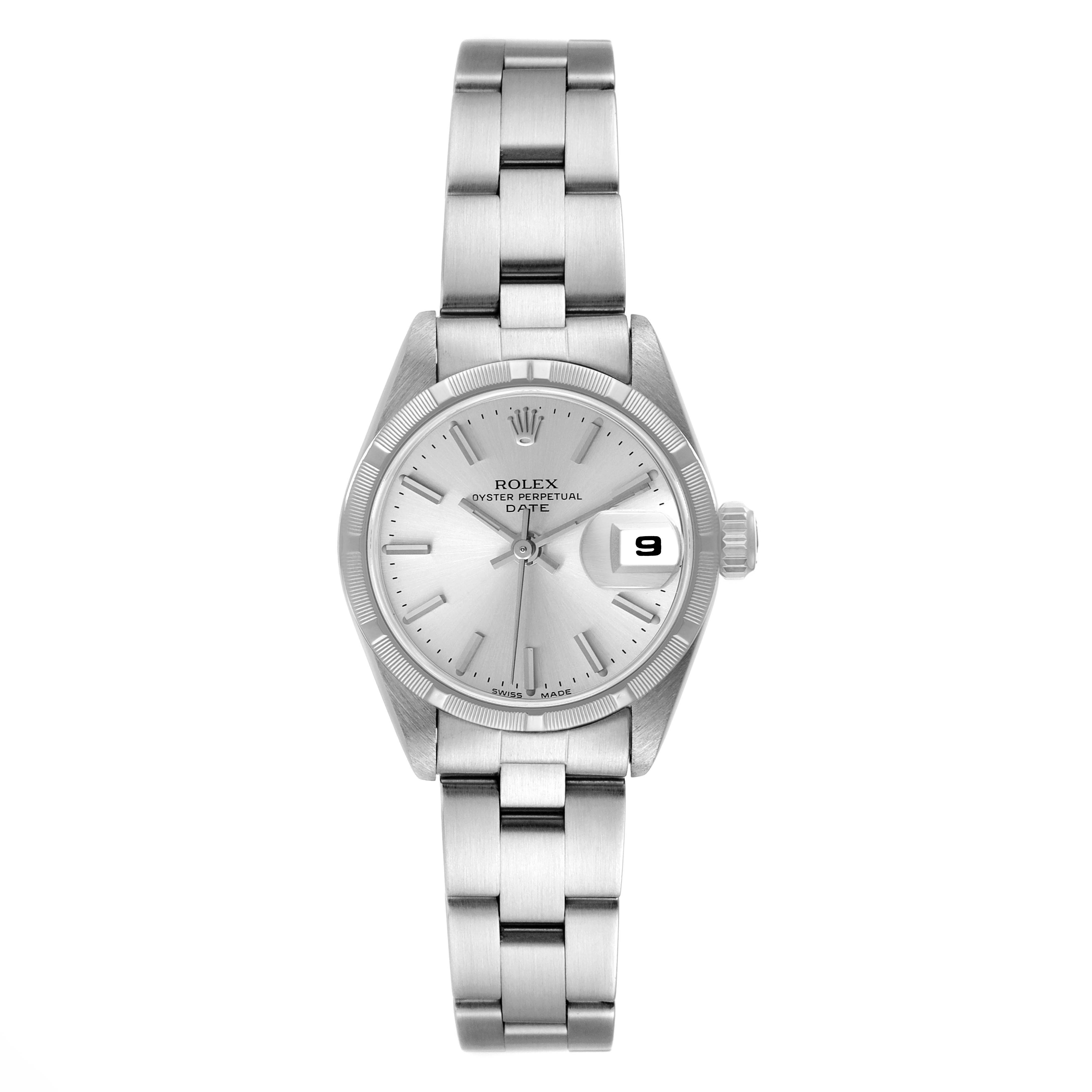 This image shows a front view of a Rolex Date 69190 Women's Stainless Steel Silver Dial 69190 Women's Stainless Steel Silver Dial model watch, featuring its bracelet, dial, crown, and date display.