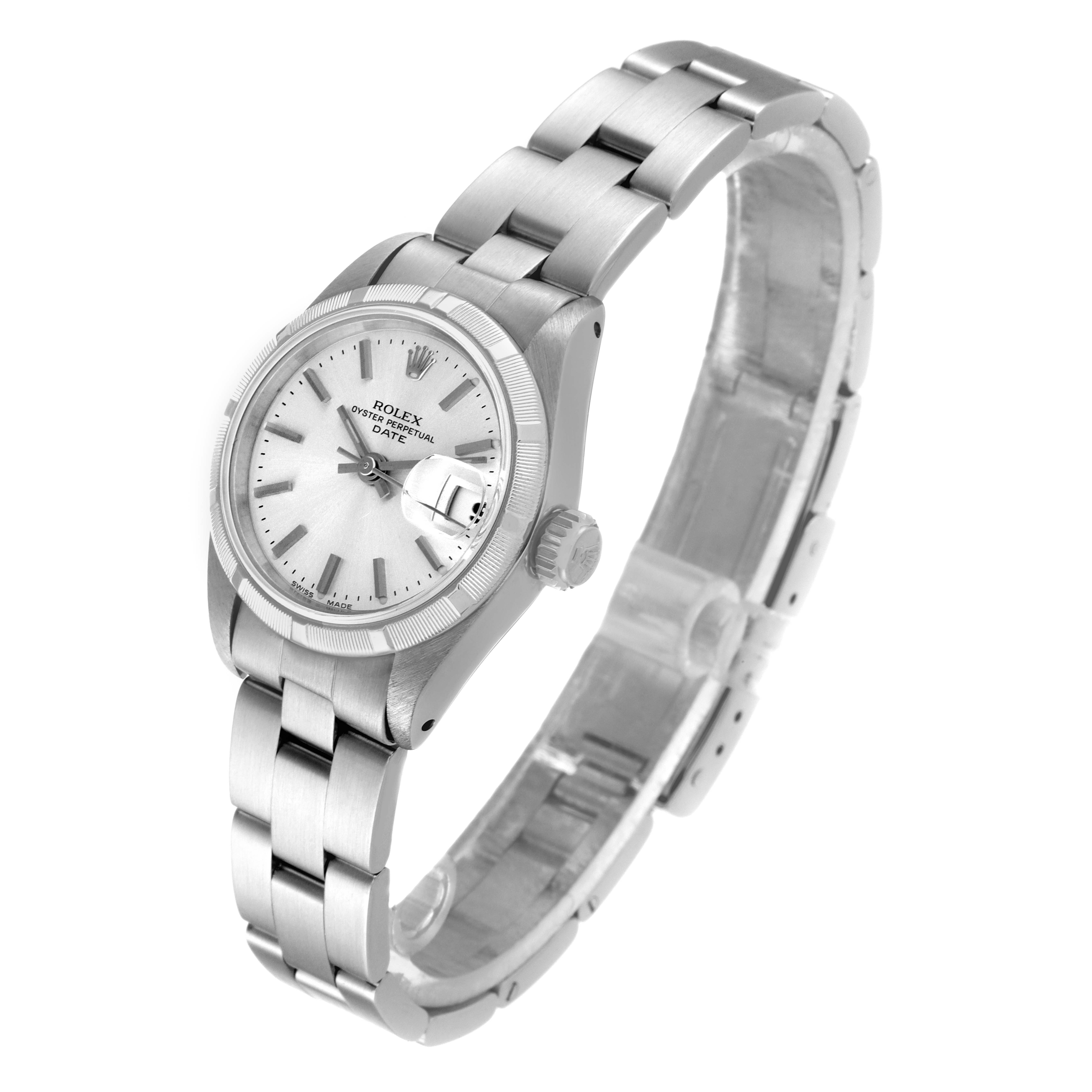 The image shows a silver Rolex Date 69190 Women's Stainless Steel Silver Dial 69190 Women's Stainless Steel Silver Dial watch at an angle highlighting the face, crown, and bracelet.