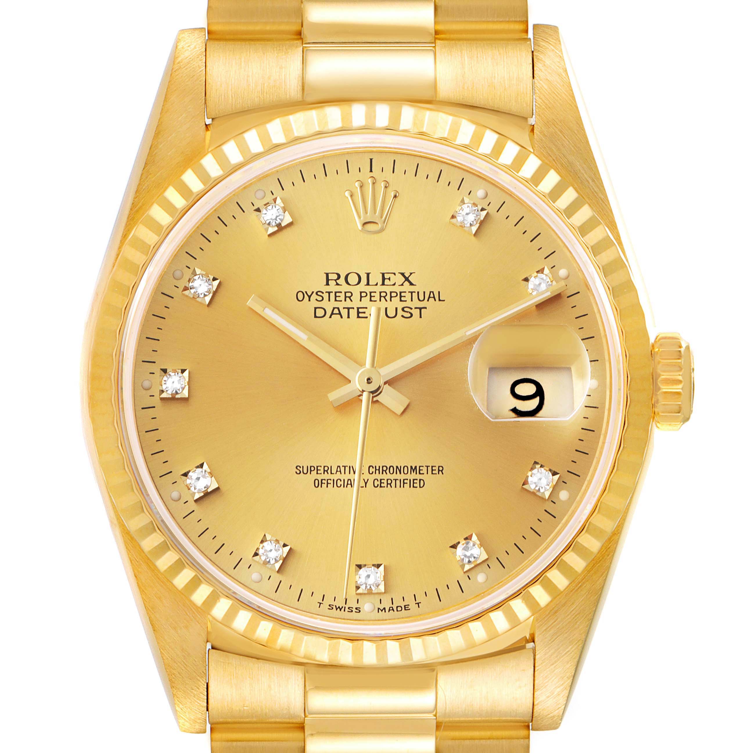 This image shows the frontal view of a Rolex President 16238 Men
s Yellow Gold Champagne Dial 16238 Men
s Yellow Gold Champagne Dial model with a gold case, diamond hour markers, and a date display.