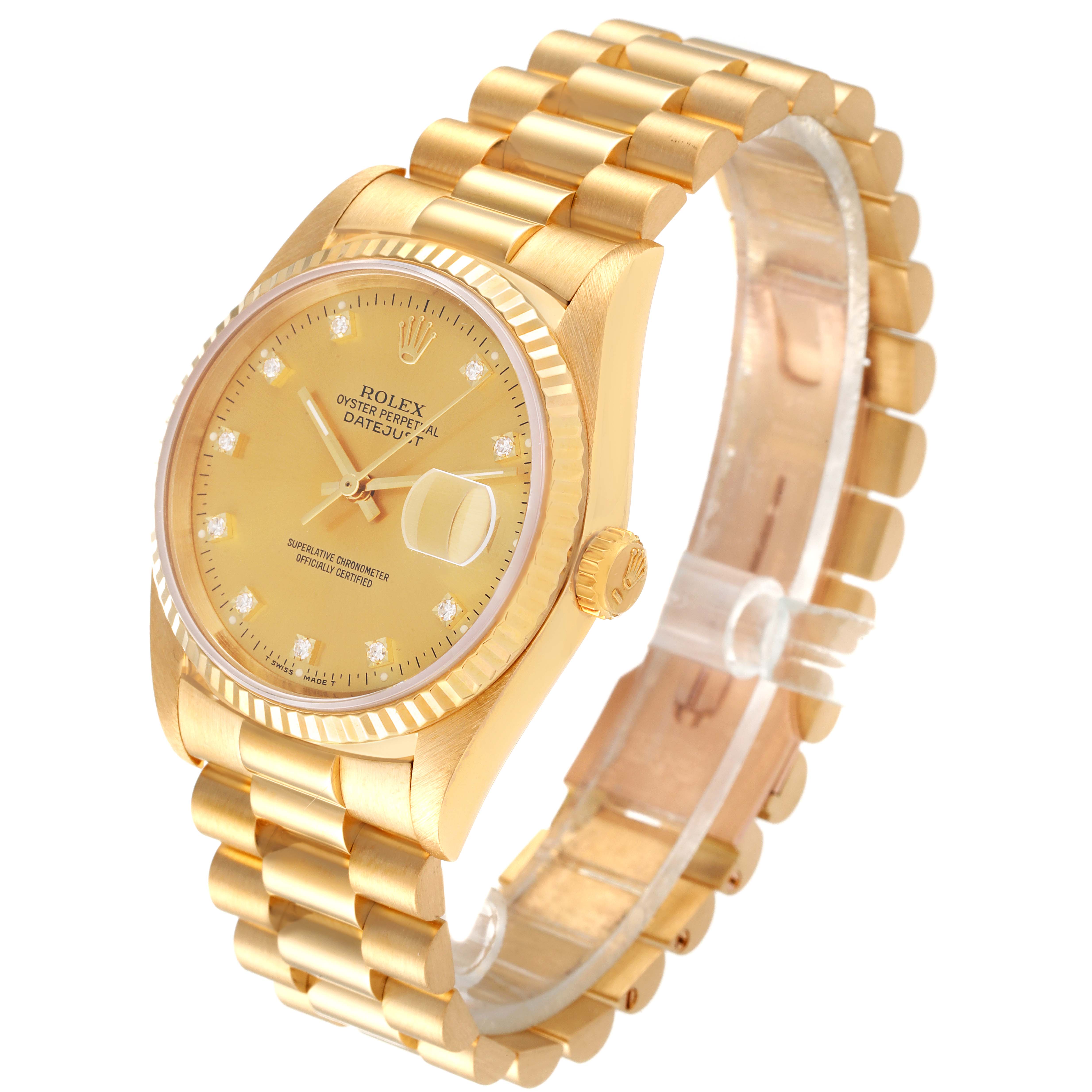 The image shows a Rolex President 16238 Men
s Yellow Gold Champagne Dial 16238 Men
s Yellow Gold Champagne Dial model watch angled to display the face, bezel, crown, and partial bracelet.