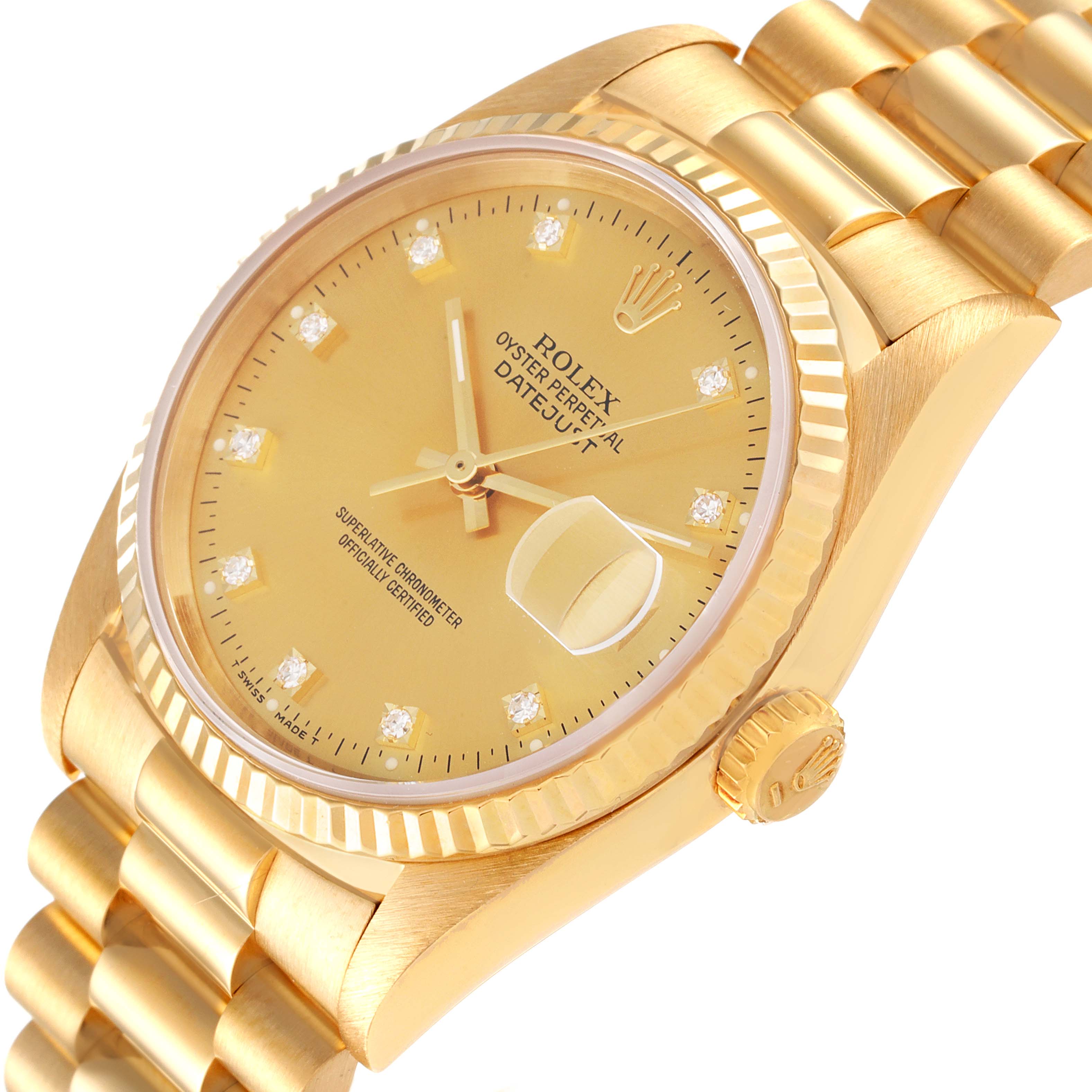 The image shows a Rolex President 16238 Men
s Yellow Gold Champagne Dial 16238 Men
s Yellow Gold Champagne Dial model watch at an angled close-up view, highlighting the face, bezel, and part of the bracelet.