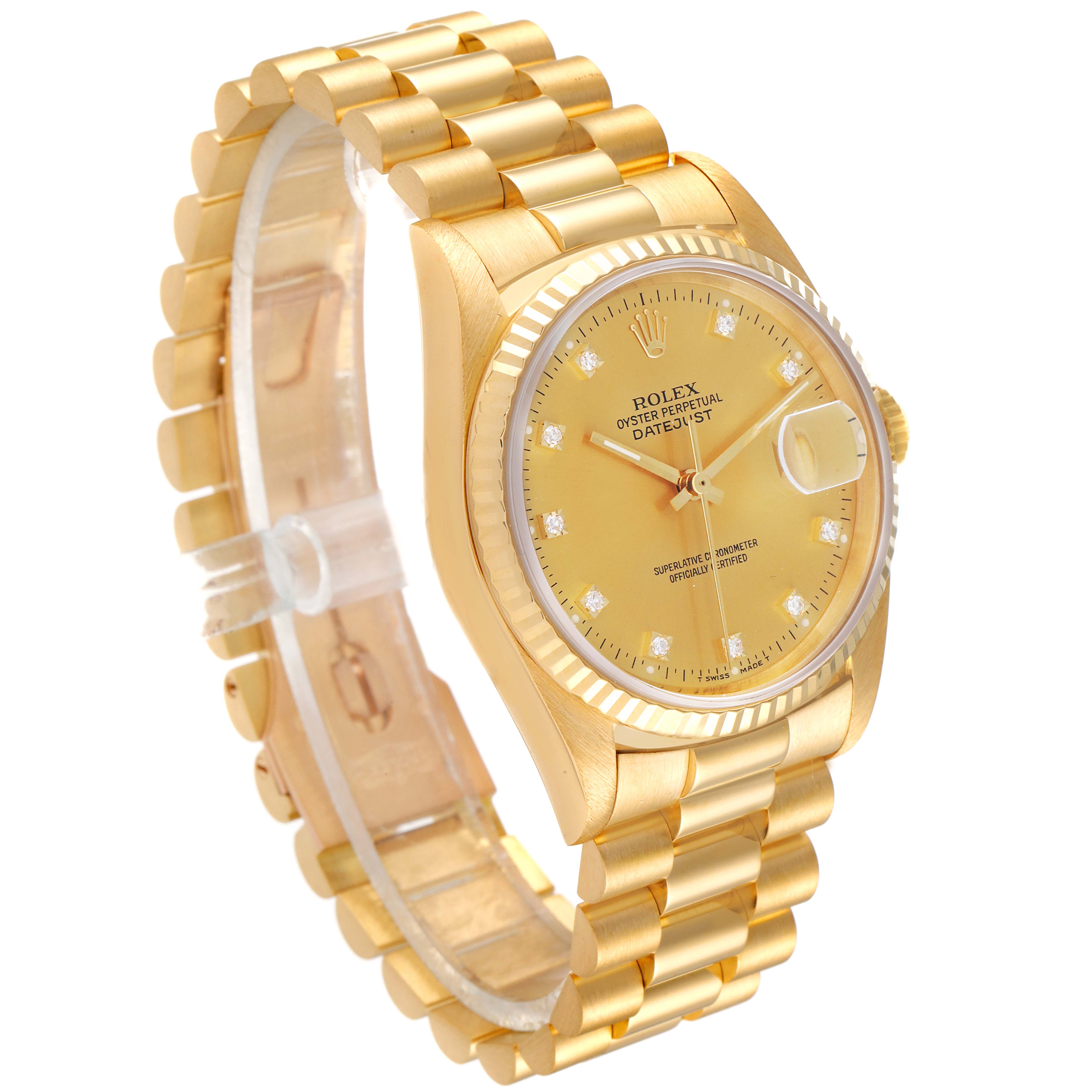The image shows a side and front angle of a Rolex President 16238 Men
s Yellow Gold Champagne Dial 16238 Men
s Yellow Gold Champagne Dial model watch, highlighting the dial, case, bracelet, and crown.