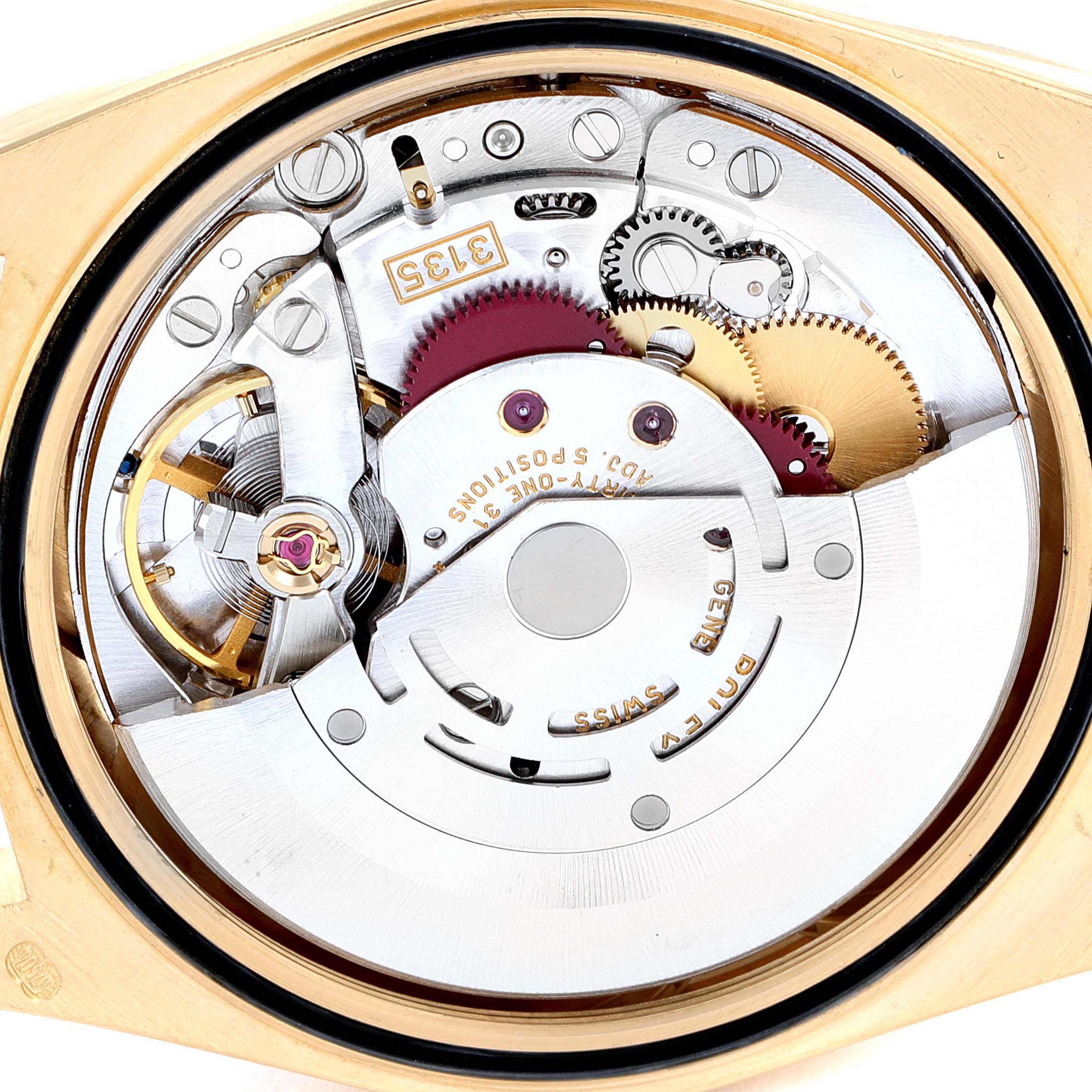 This image shows the inner mechanical movement of a Rolex President 16238 Men
s Yellow Gold Champagne Dial 16238 Men
s Yellow Gold Champagne Dial model watch, viewed from the case back angle.