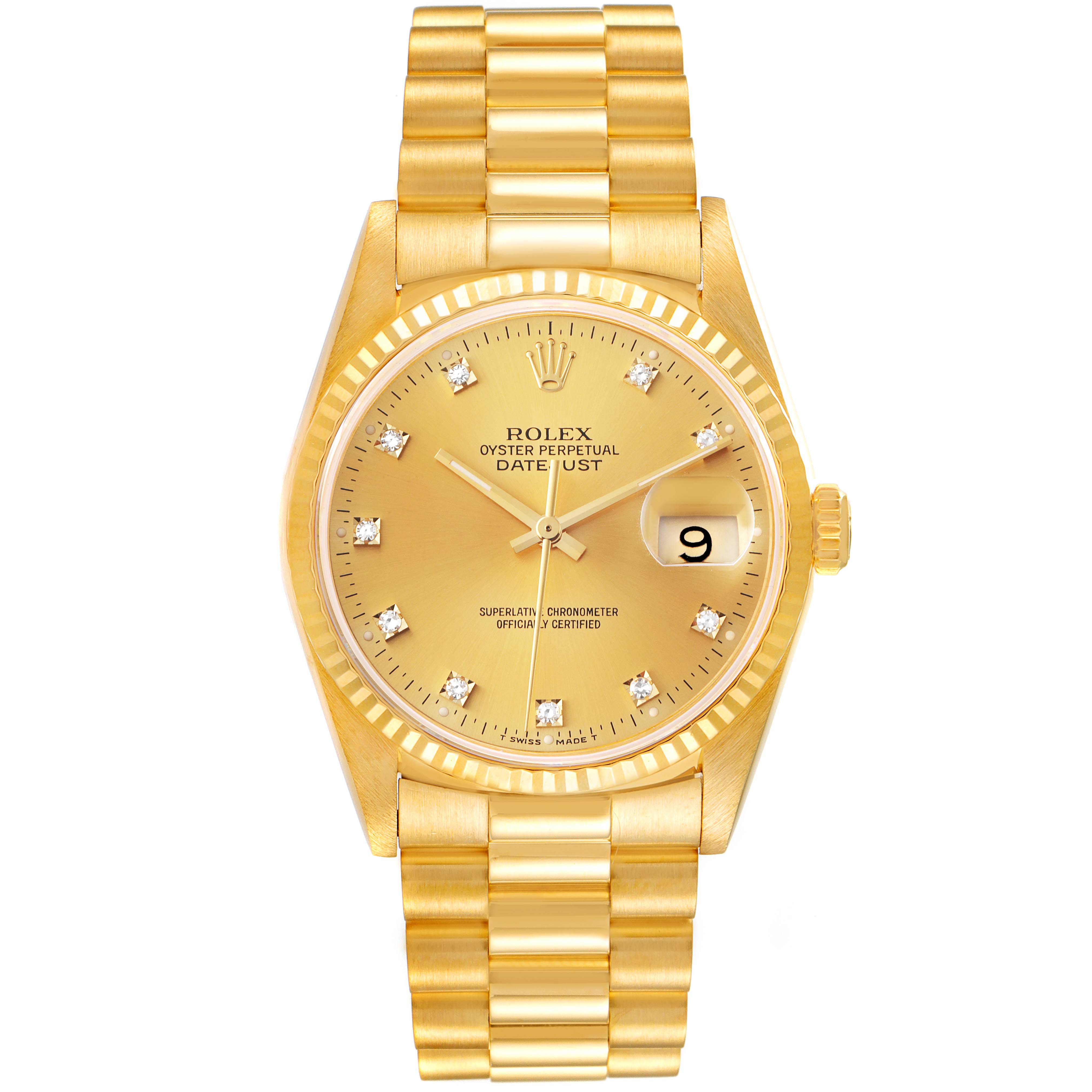This image shows a Rolex President 16238 Men
s Yellow Gold Champagne Dial 16238 Men
s Yellow Gold Champagne Dial model watch from a front angle, featuring its face, dial, and bracelet.
