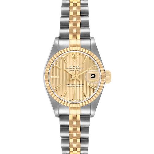 The Rolex Datejust 69173 Women's Steel and Gold (two tone) Champagne Dial watch is shown from a top-down angle, highlighting the dial, bezel, and bracelet.