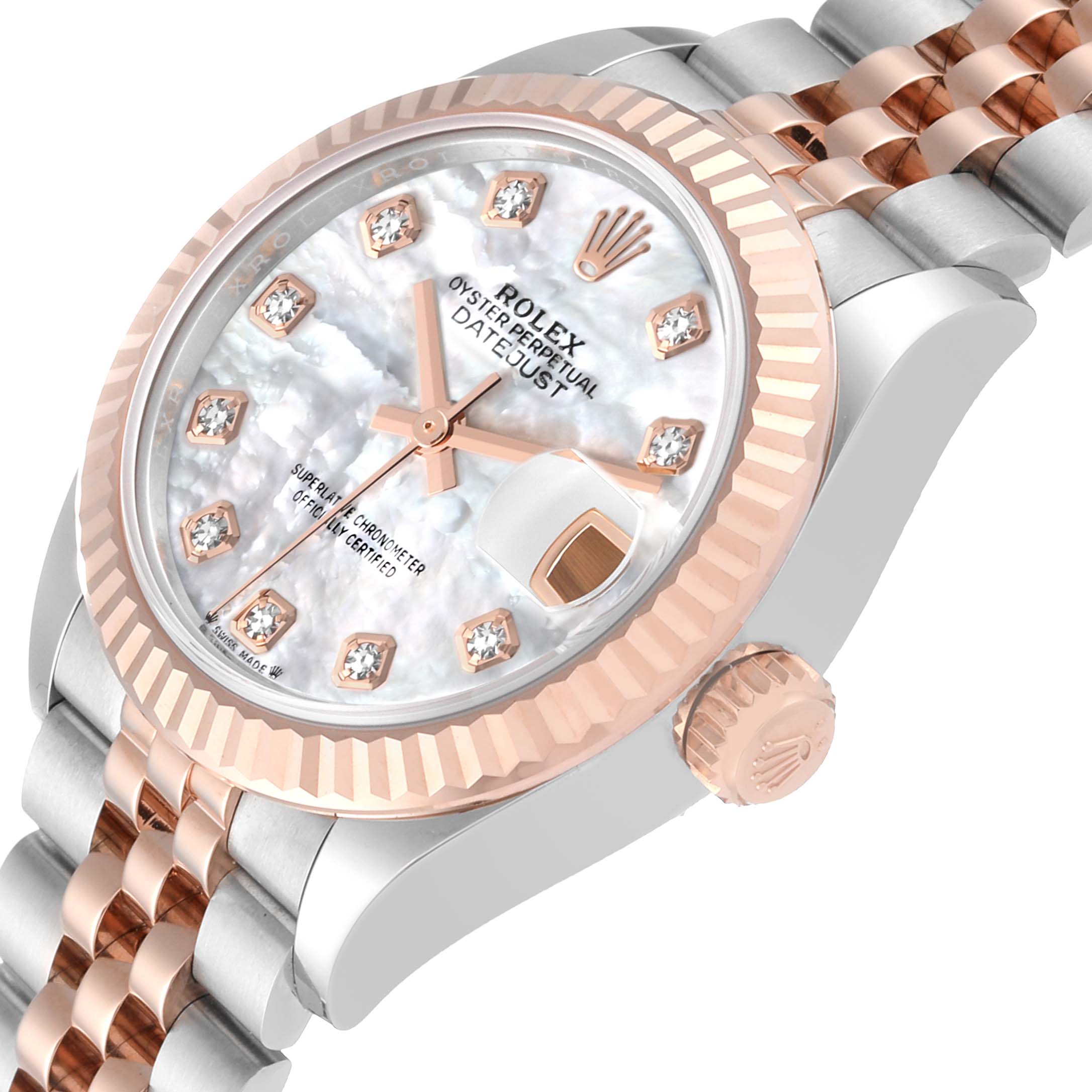 The image shows a close-up side angle of a Rolex Datejust 279171NG Women's Steel and Gold (two tone) Mother of Pearl Dial 279171NG Women's Steel and Gold (two tone) Mother of Pearl Dial watch, displaying the dial, bezel, crown, and part of the bracelet.