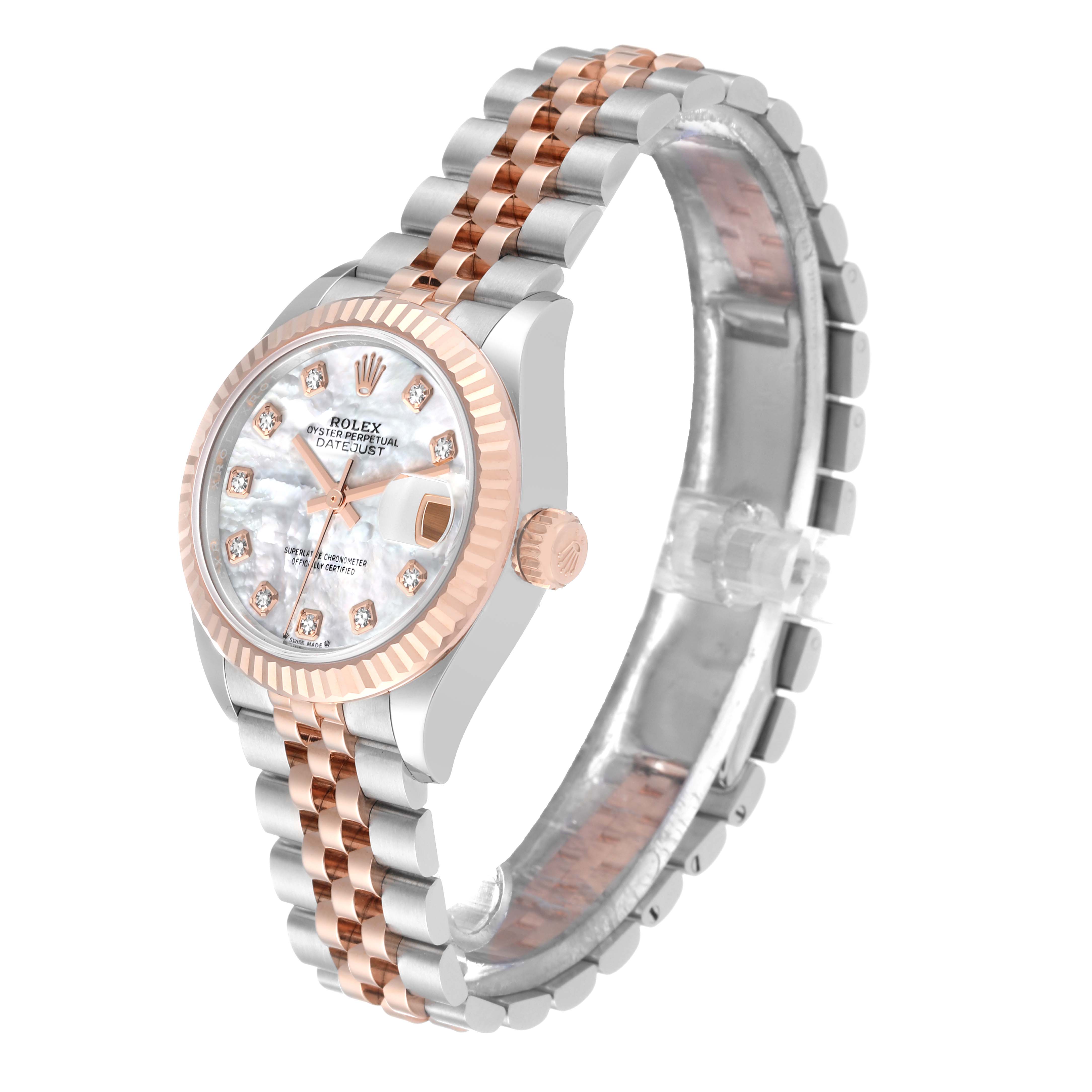 The image shows a Rolex Datejust 279171NG Women's Steel and Gold (two tone) Mother of Pearl Dial 279171NG Women's Steel and Gold (two tone) Mother of Pearl Dial watch angled to highlight its face, bezel, crown, and two-tone bracelet.