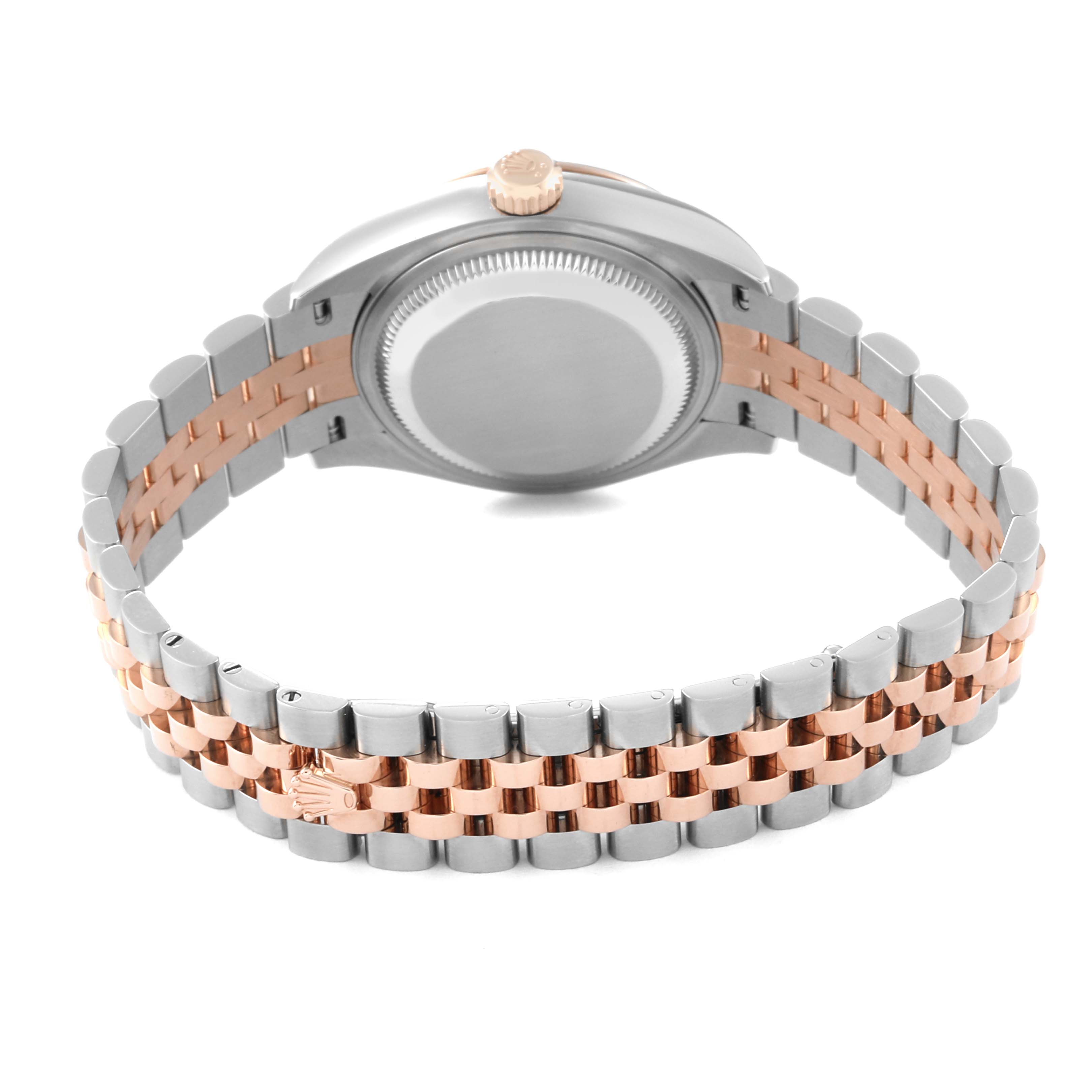 The image shows the back case and two-tone bracelet of a Rolex Datejust 279171NG Women's Steel and Gold (two tone) Mother of Pearl Dial 279171NG Women's Steel and Gold (two tone) Mother of Pearl Dial watch, viewed from the rear.