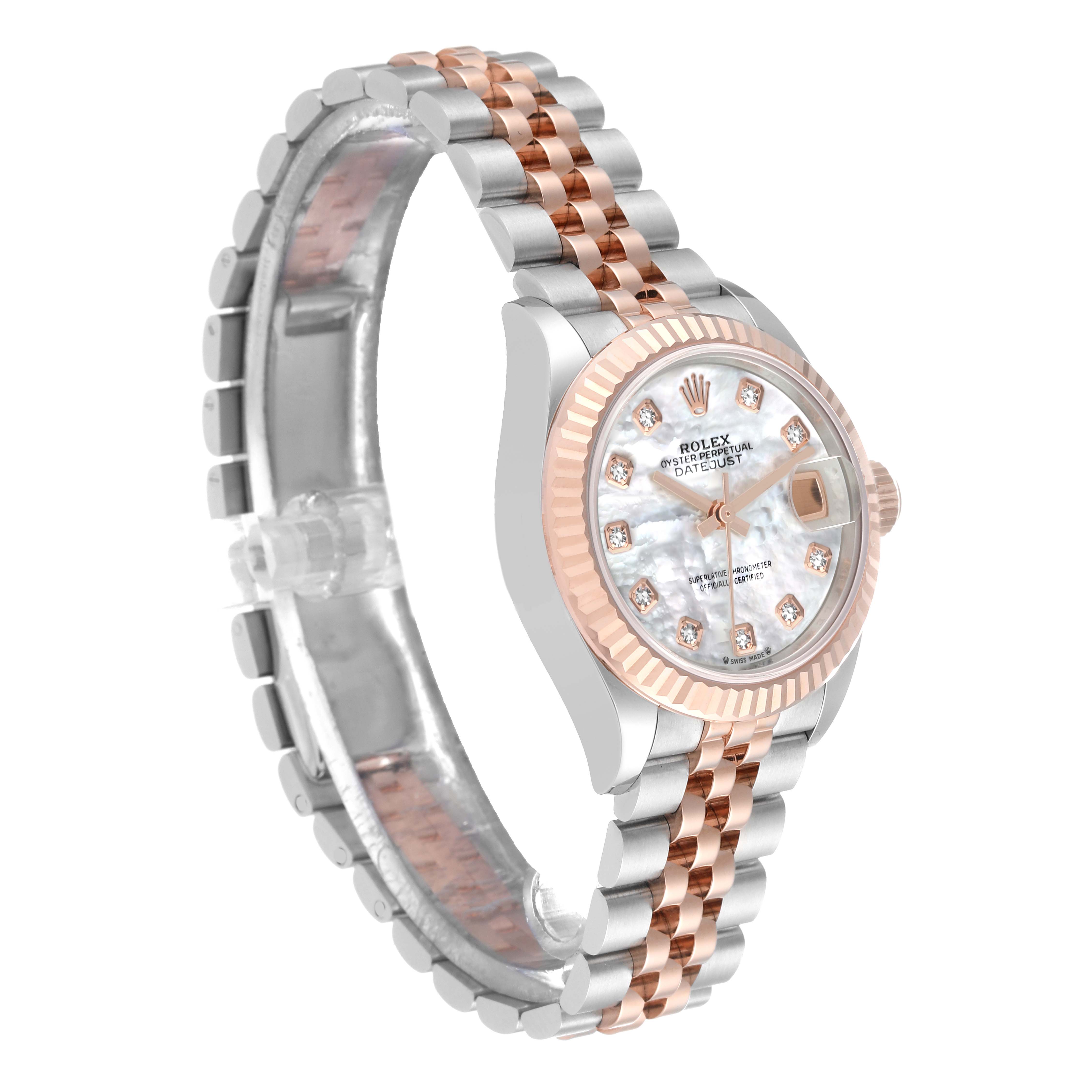 The image shows a side angle of a Rolex Datejust 279171NG Women's Steel and Gold (two tone) Mother of Pearl Dial 279171NG Women's Steel and Gold (two tone) Mother of Pearl Dial watch, highlighting the dial, bezel, and jubilee bracelet.