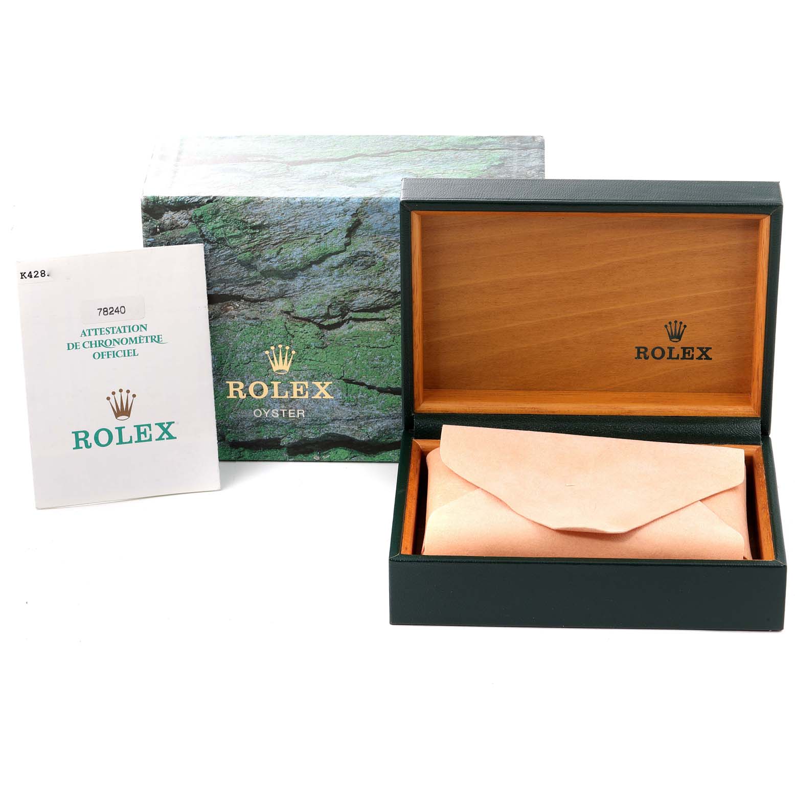 The image features a Rolex Mid-Size 78240 Women
s Stainless Steel White Dial 78240 Women
s Stainless Steel White Dial watch box, its outer packaging, and accompanying certificates.