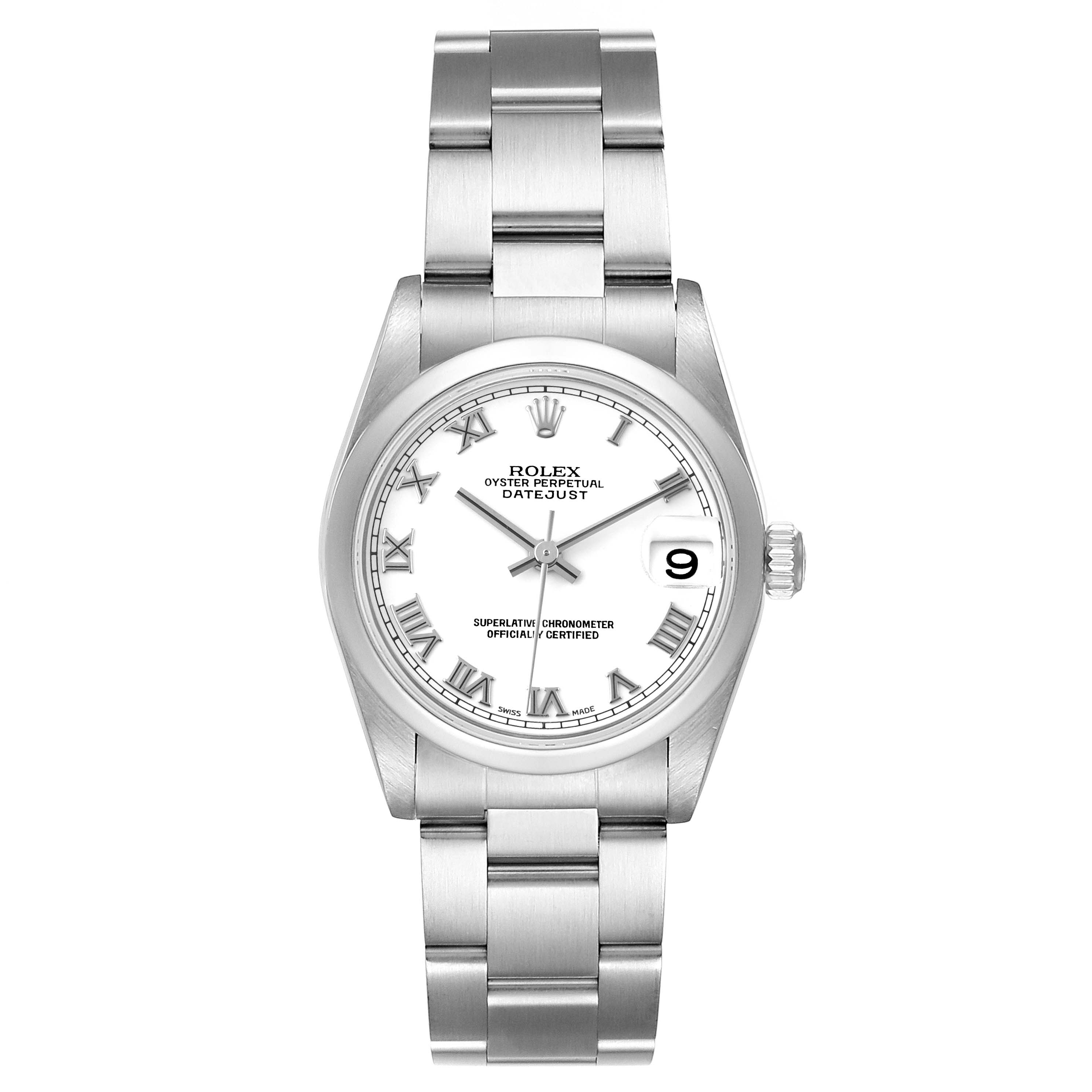 This image shows a Rolex Mid-Size 78240 Women
s Stainless Steel White Dial 78240 Women
s Stainless Steel White Dial Oyster Perpetual Datejust watch from a front angle, displaying its dial, bezel, crown, and bracelet.