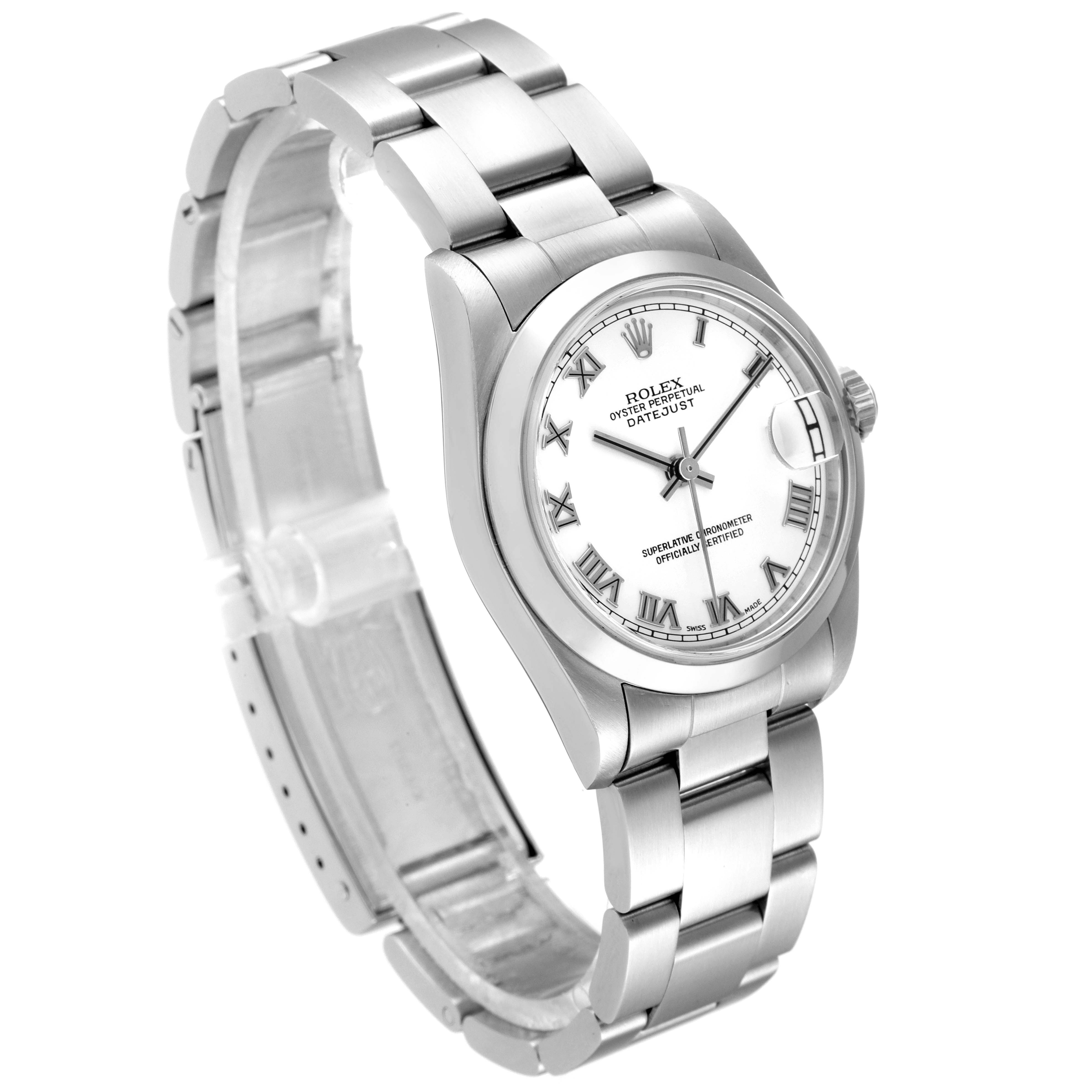 The image shows a Rolex Mid-Size 78240 Women
s Stainless Steel White Dial 78240 Women
s Stainless Steel White Dial Datejust watch angled from the front-left, highlighting the dial, bracelet, and clasp.