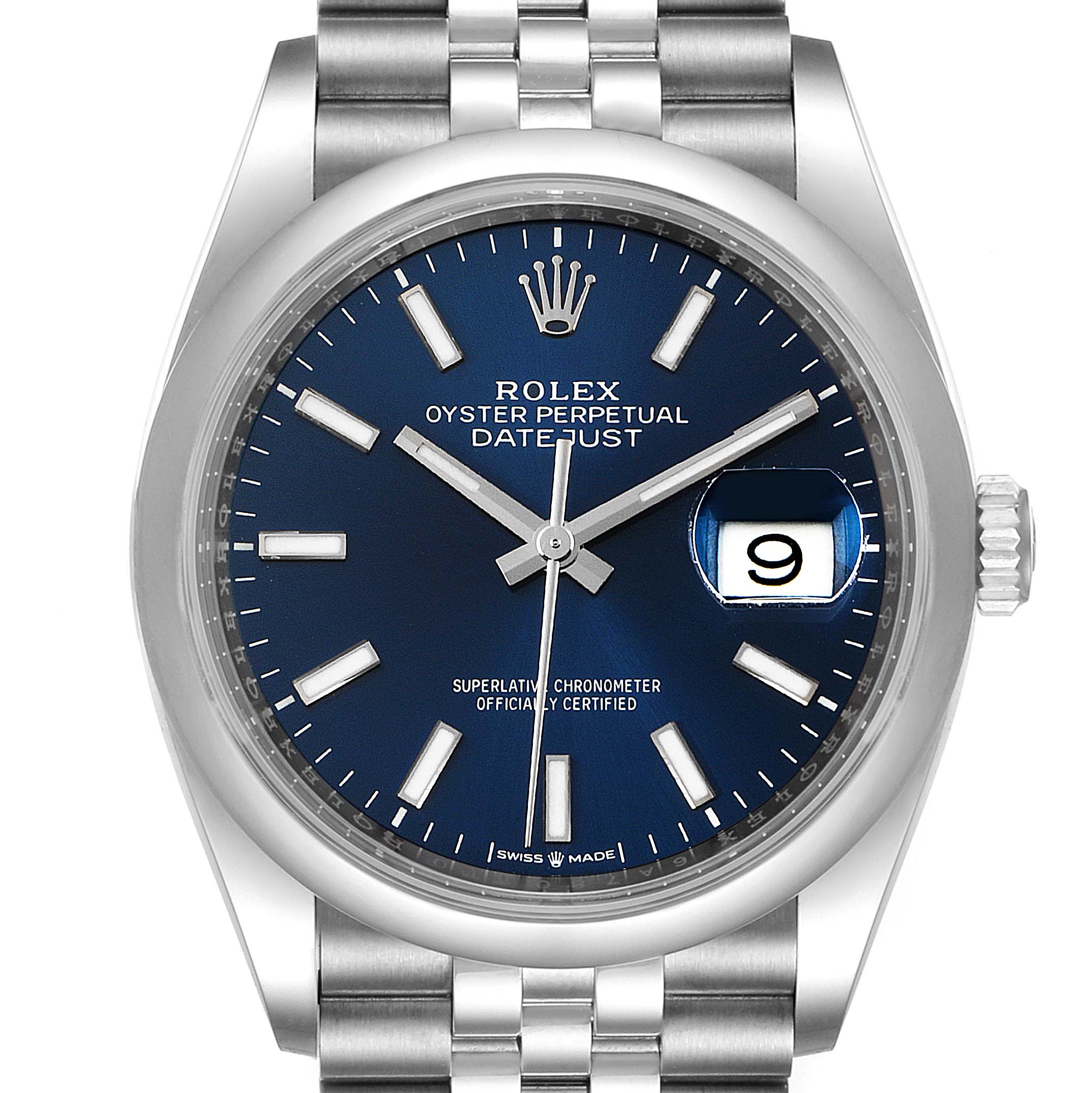 The watch is shown from a straight-on angle, displaying the Rolex Datejust 126200 Men's Stainless Steel Blue Dial 126200 Men's Stainless Steel Blue Dial face, dial, case, and bracelet.