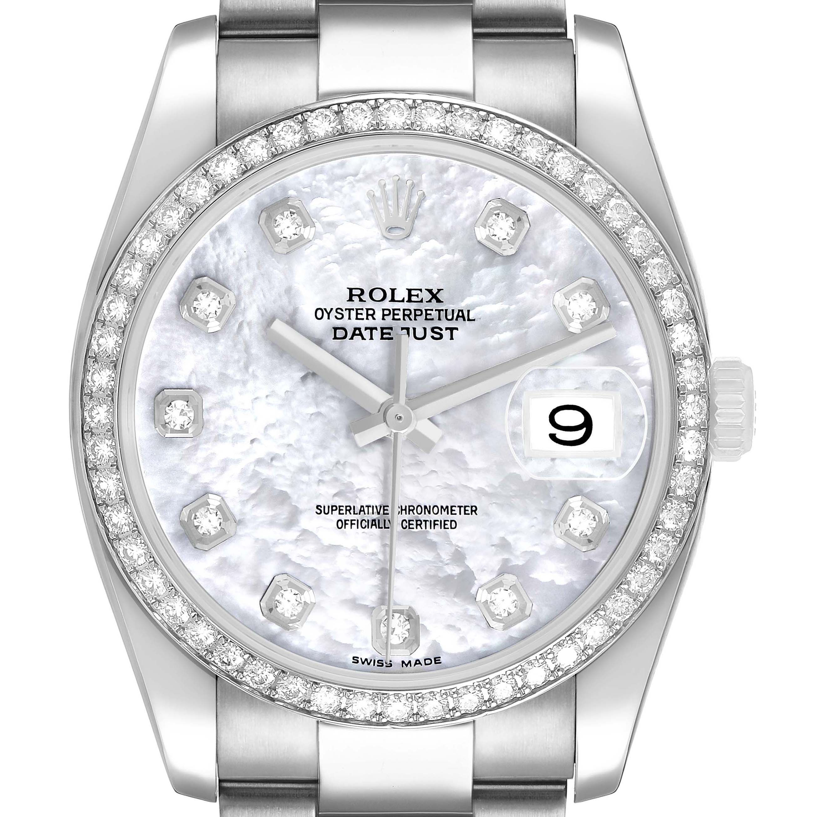 The Rolex Datejust 116244 Men's Stainless Steel Mother of Pearl Dial watch is shown from a front angle, highlighting its dial, bezel, and bracelet links.