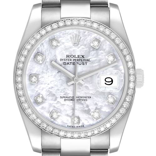Photo of Rolex Datejust 36 MOP Diamond Dial Bezel Steel White Gold Mens Watch 116244 Card