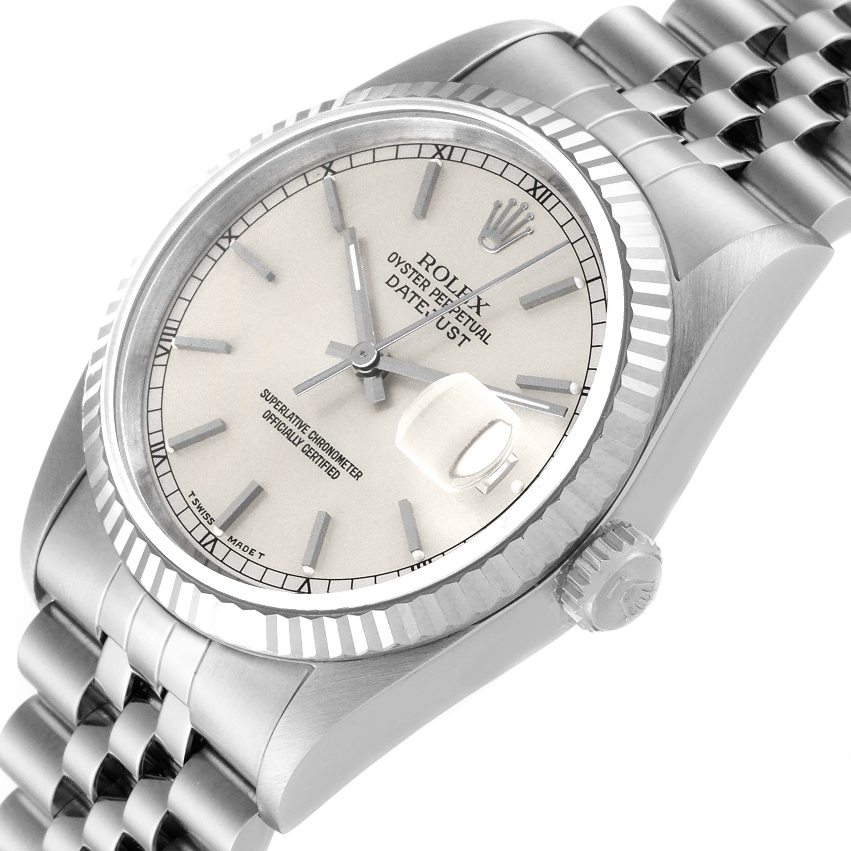 The image shows the face, bezel, crown, and part of the bracelet of a Rolex Datejust 16234 Men's Stainless Steel Silver Dial 16234 Men's Stainless Steel Silver Dial watch at an angled side view.