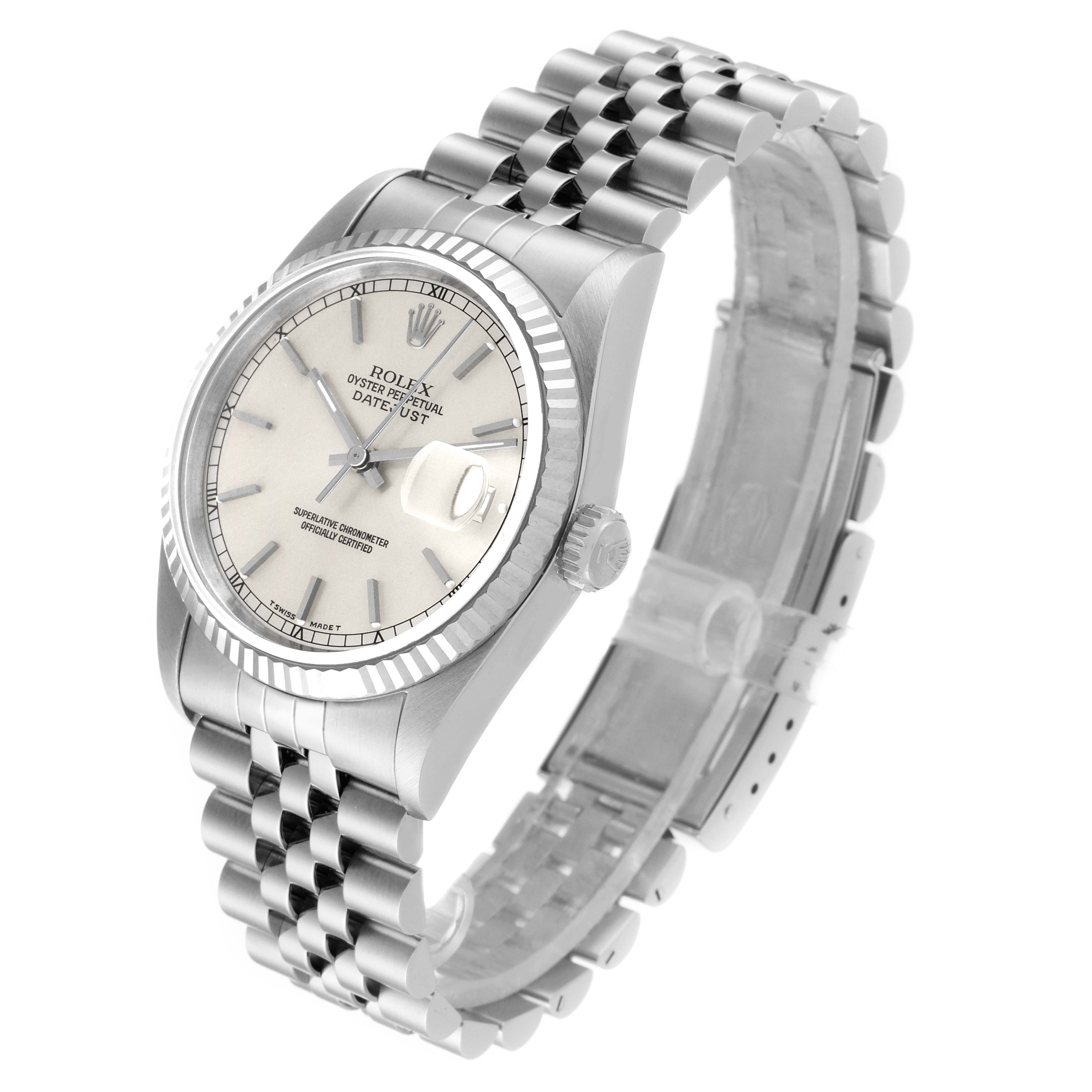 This image shows a Rolex Datejust 16234 Men's Stainless Steel Silver Dial 16234 Men's Stainless Steel Silver Dial watch at an angle, focusing on the face, bezel, crown, and bracelet.