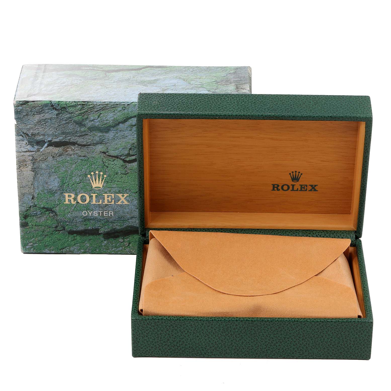 The image shows a Rolex Datejust 16234 Men's Stainless Steel Silver Dial 16234 Men's Stainless Steel Silver Dial packaging box opened, showcasing the inside and the green outer box with branding.