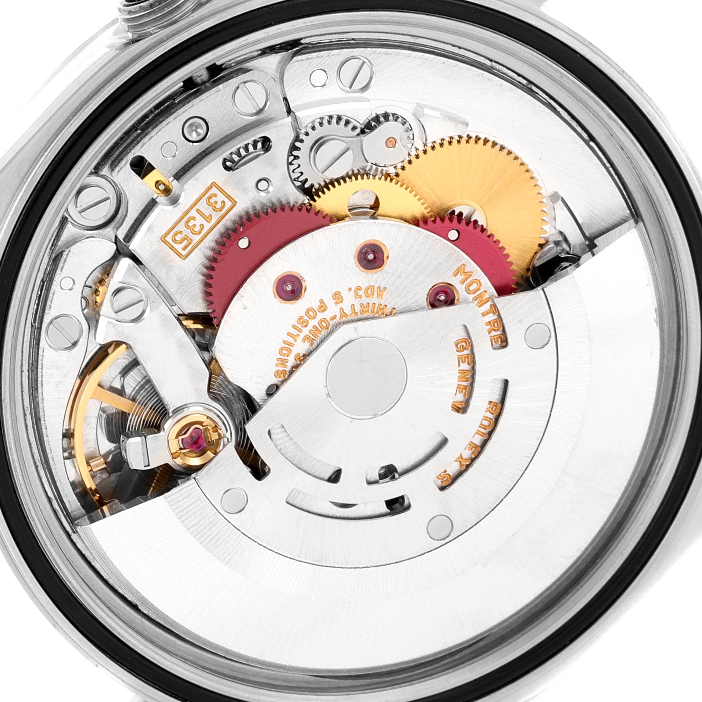 The image shows the movement and internal components of the Rolex Datejust 16234 Men's Stainless Steel Silver Dial 16234 Men's Stainless Steel Silver Dial watch from a close-up, rear angle.