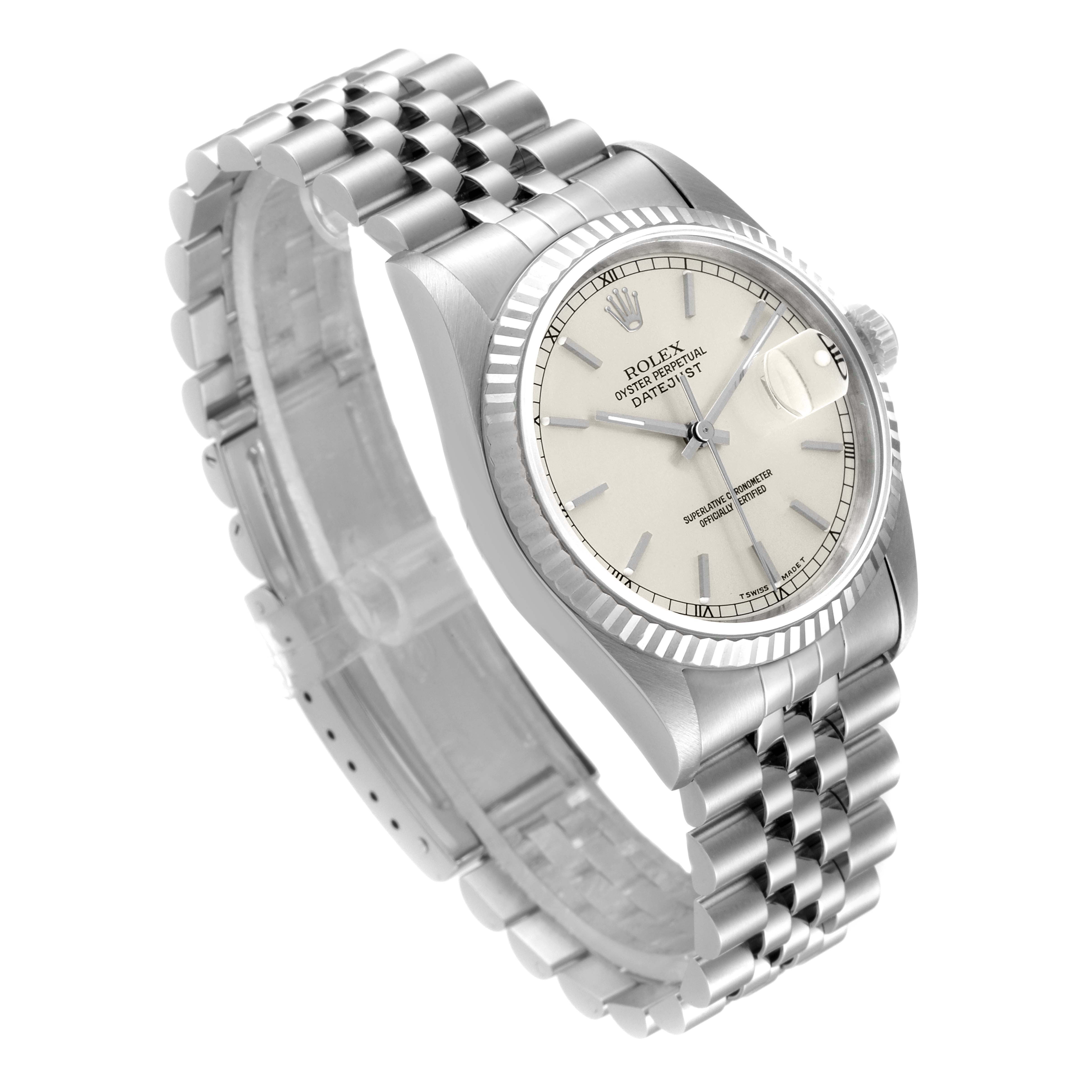 This image shows a Rolex Datejust 16234 Men's Stainless Steel Silver Dial 16234 Men's Stainless Steel Silver Dial model watch at an oblique angle, featuring its face and metal bracelet.