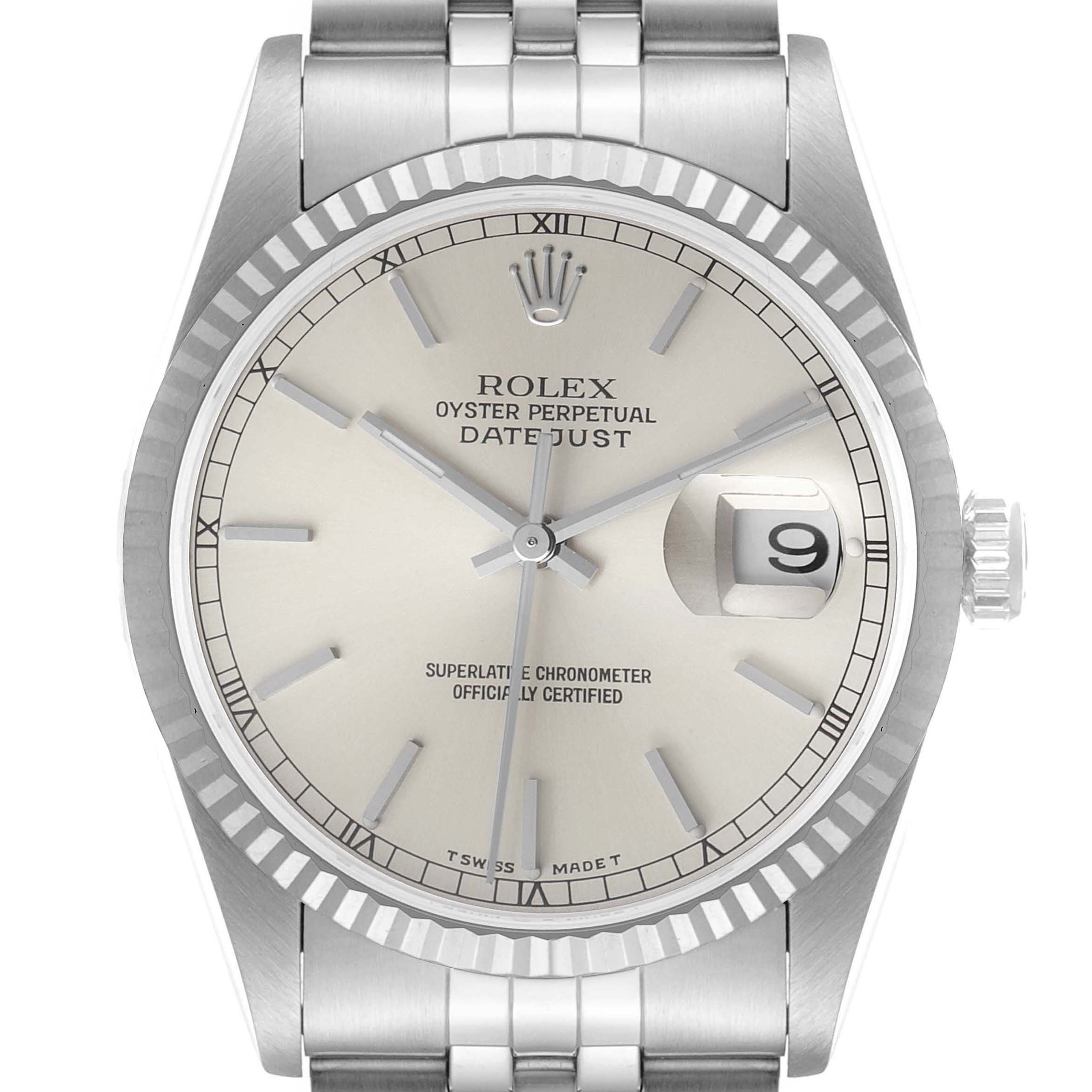 This image shows a front view of a Rolex Datejust 16234 Men's Stainless Steel Silver Dial 16234 Men's Stainless Steel Silver Dial watch, highlighting the dial, hands, date window, and part of the bracelet.