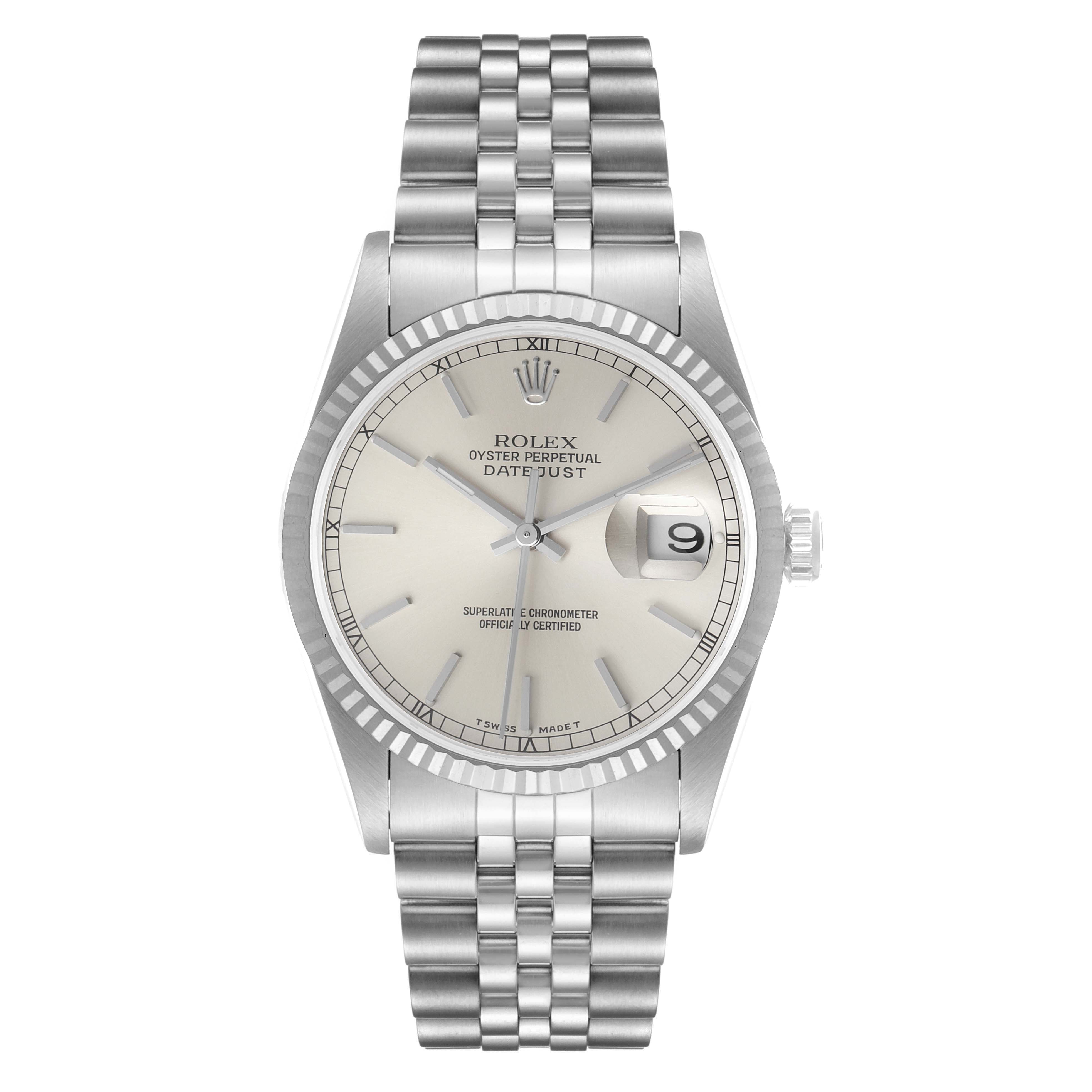 This is a front-facing view of a Rolex Datejust 16234 Men's Stainless Steel Silver Dial 16234 Men's Stainless Steel Silver Dial watch, showing the dial, bezel, bracelet, hands, and date window.