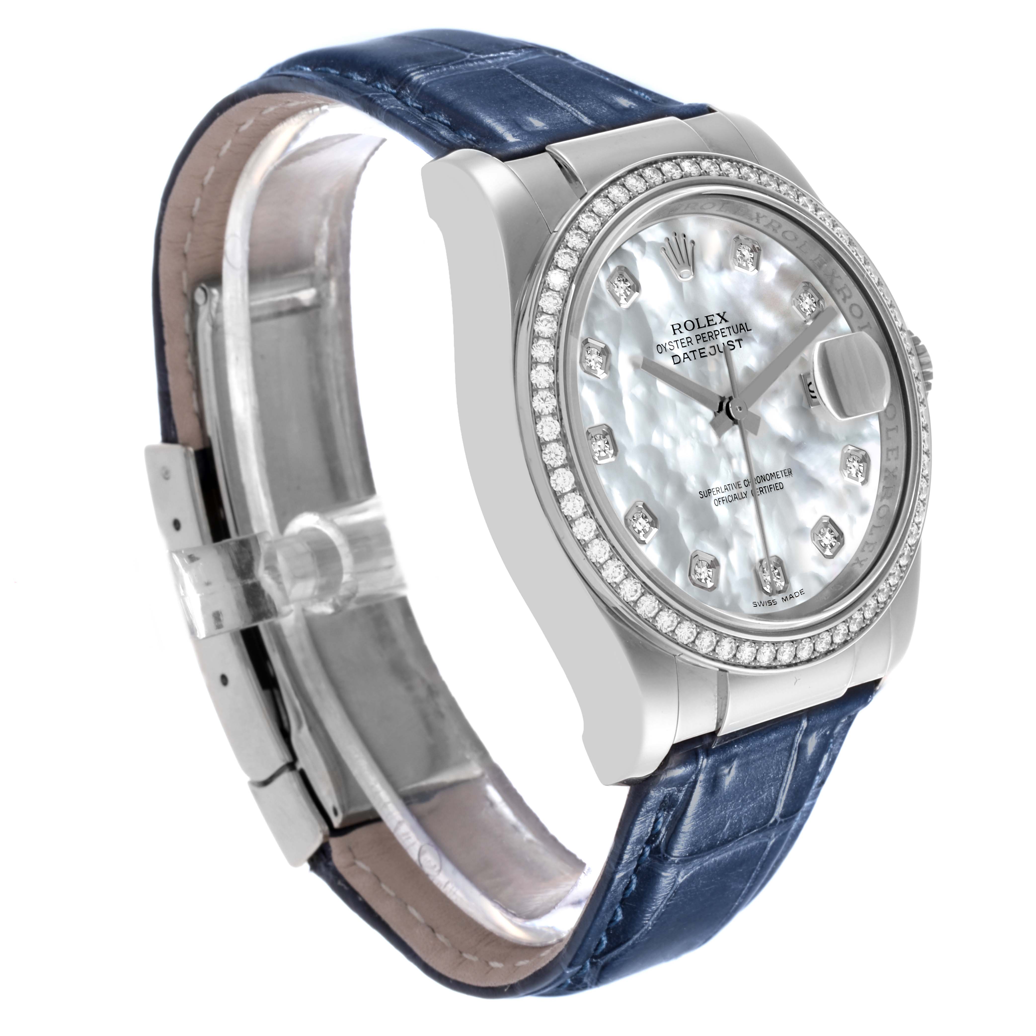 The Rolex Datejust 116189 Men's White Gold Mother of Pearl Dial 116189 Men's White Gold Mother of Pearl Dial watch is shown at an angled side view, highlighting the dial, bezel, and blue strap.