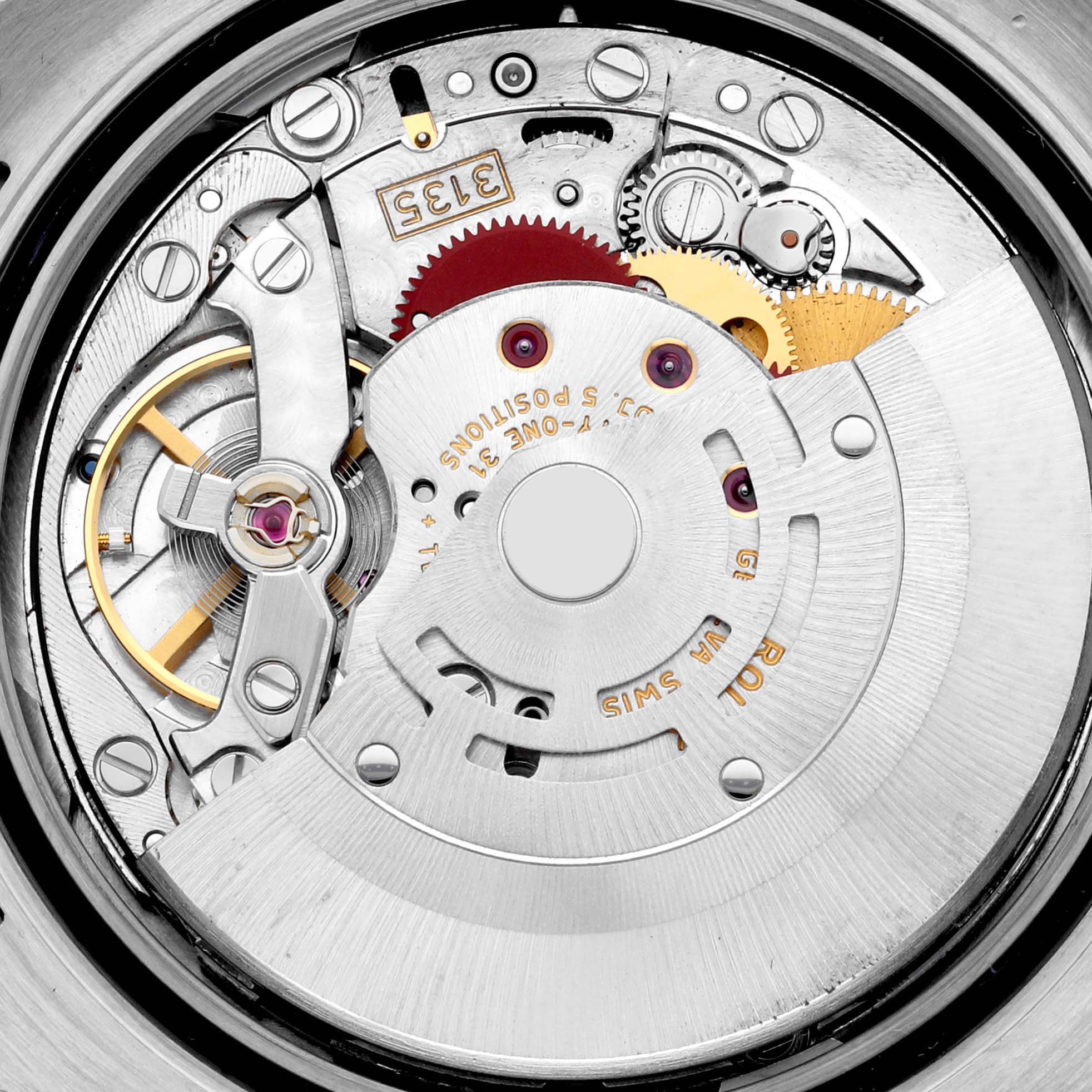 The image shows the internal mechanical movement of a Rolex Datejust 116189 Men's White Gold Mother of Pearl Dial 116189 Men's White Gold Mother of Pearl Dial watch, viewed from the back, highlighting gears and the rotor.
