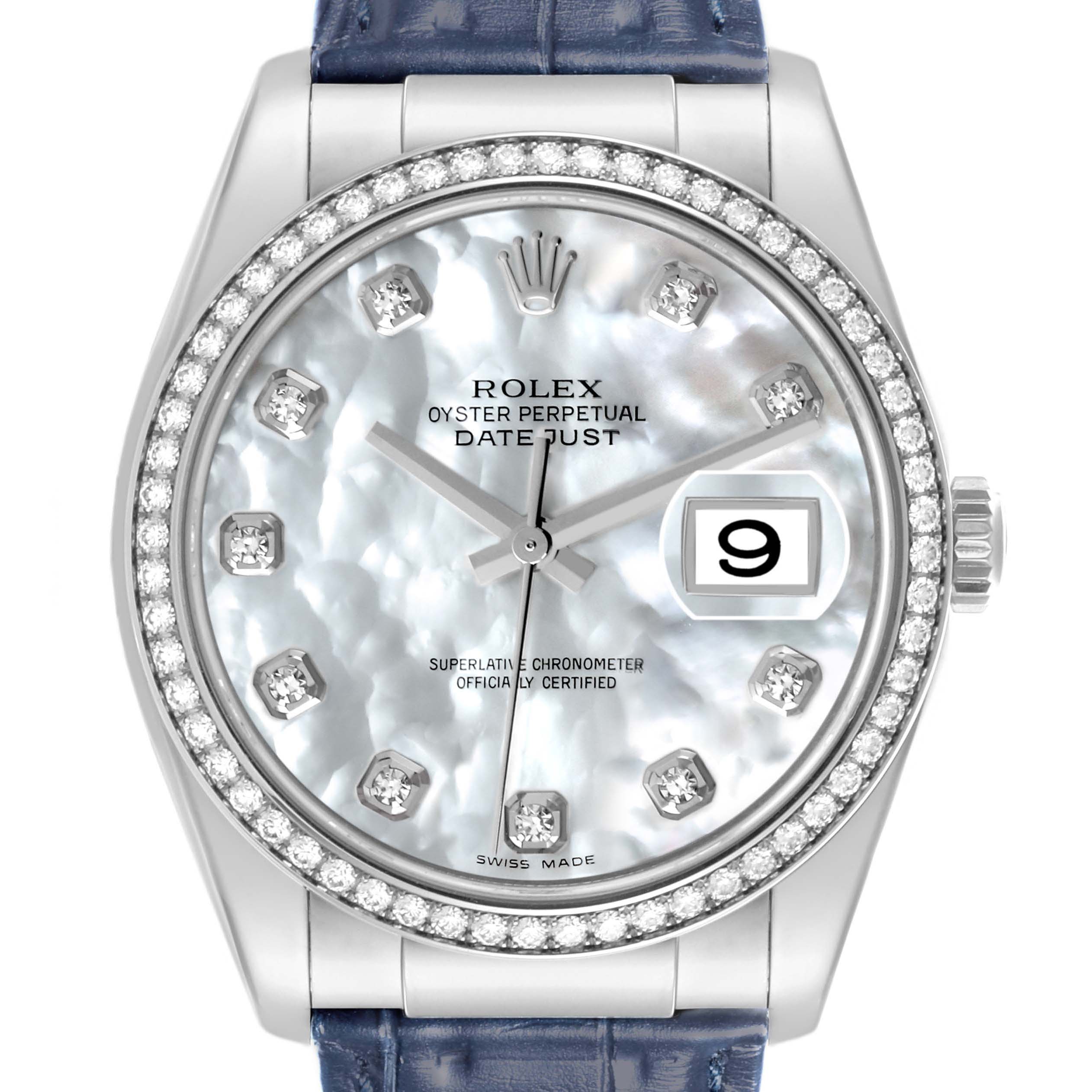 The image shows a front view of a Rolex Datejust 116189 Men's White Gold Mother of Pearl Dial 116189 Men's White Gold Mother of Pearl Dial watch, highlighting the bezel, dial, and crown.