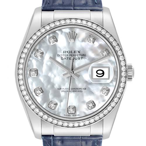 The Rolex Datejust watch is shown from the front, displaying its mother-of-pearl dial with diamond markers and a date window.