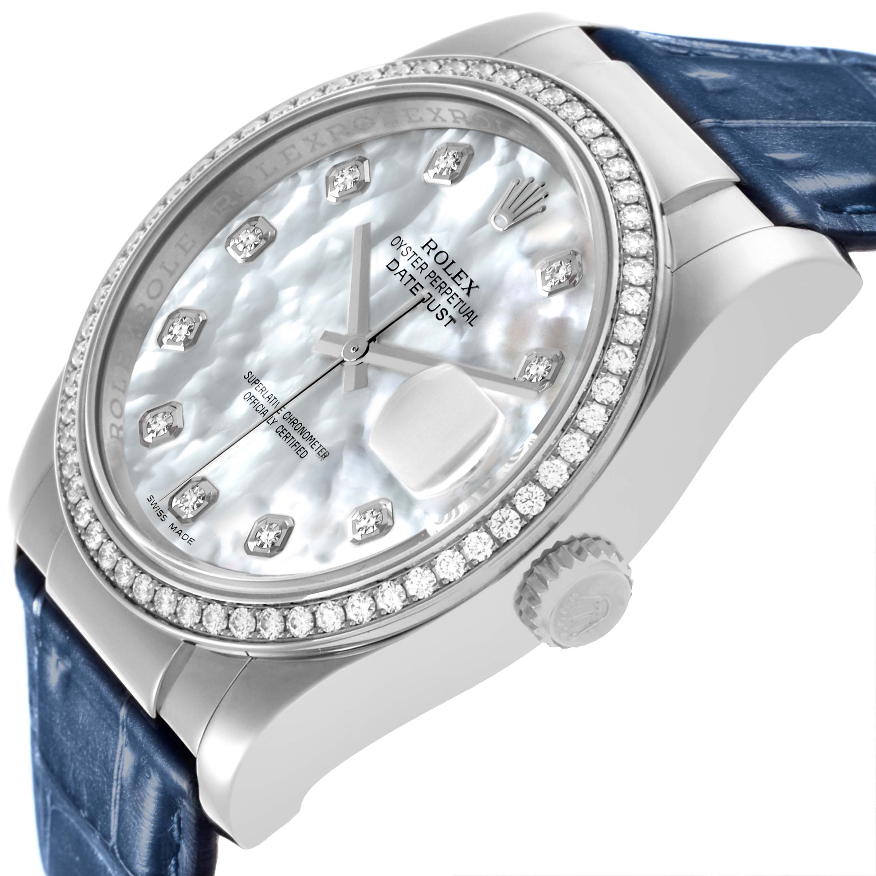 The image shows a Rolex Datejust 116189 Men's White Gold Mother of Pearl Dial 116189 Men's White Gold Mother of Pearl Dial watch at an angle highlighting the bezel, dial, crown, and part of the strap.