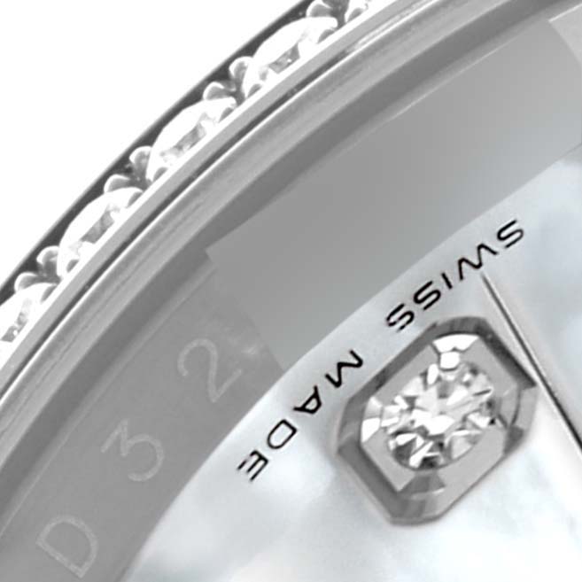 The image shows a close-up of the bezel and dial with diamond markers of a Rolex Datejust 116189 Men's White Gold Mother of Pearl Dial 116189 Men's White Gold Mother of Pearl Dial watch.