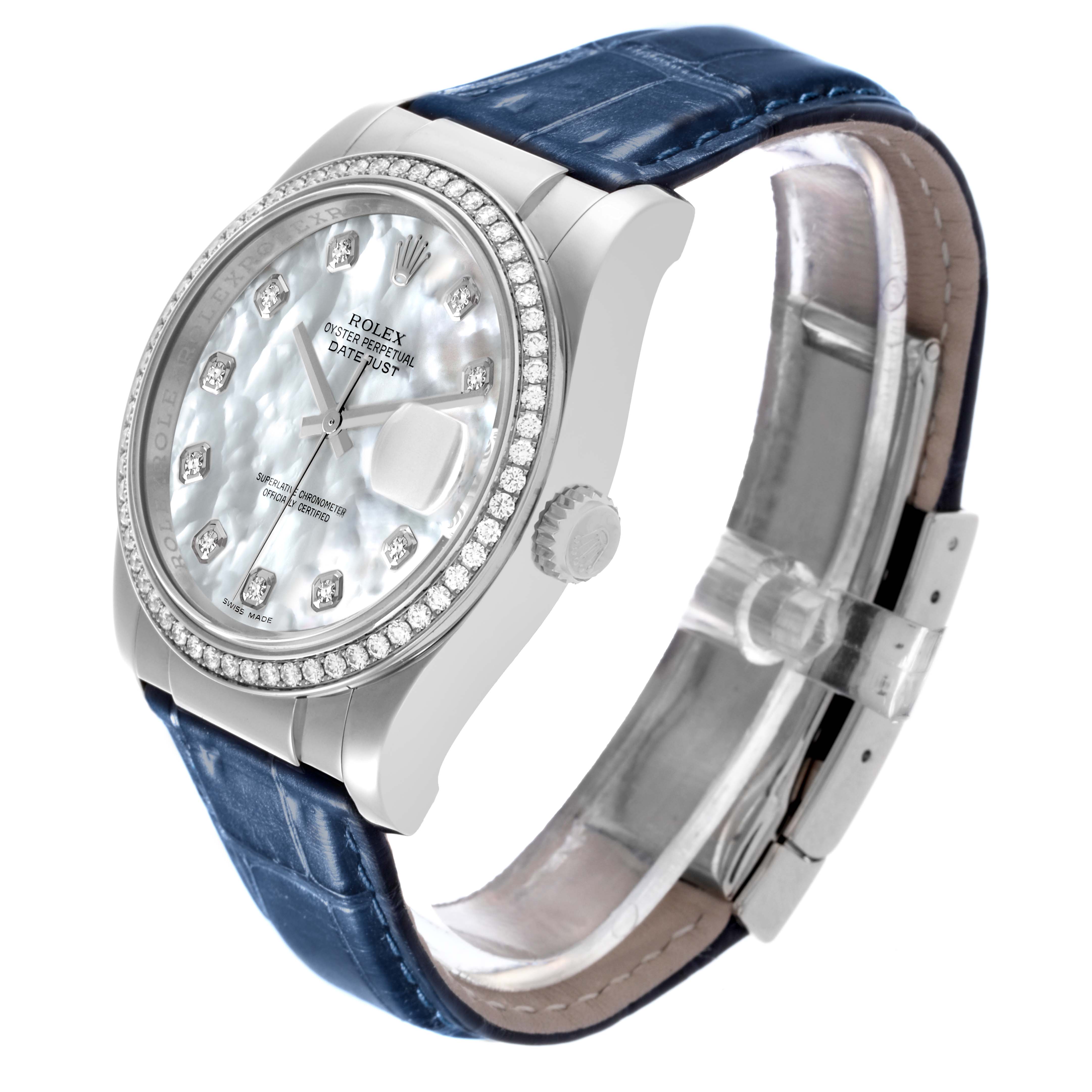 The Rolex Datejust 116189 Men's White Gold Mother of Pearl Dial 116189 Men's White Gold Mother of Pearl Dial watch is shown at a slight angle, displaying the dial, bezel, and part of the strap.