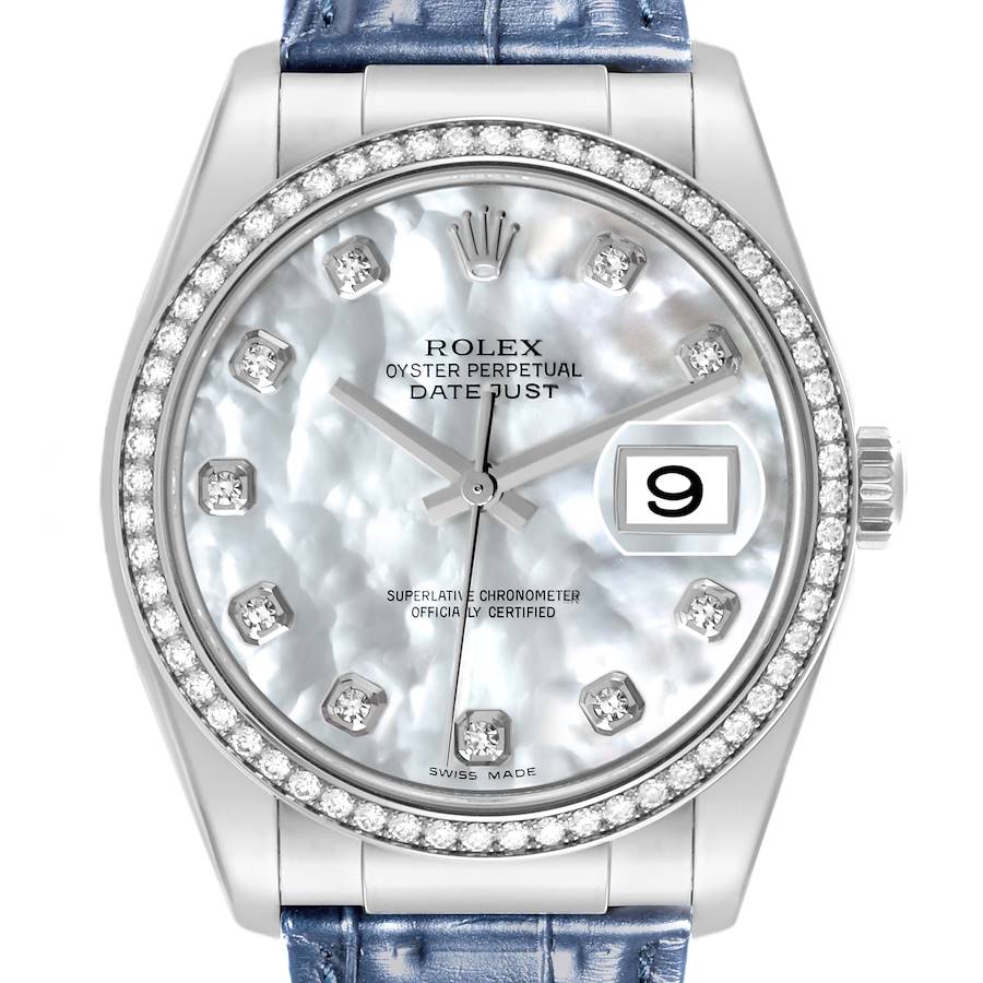 The Rolex Datejust watch is shown from a front angle, displaying the dial, diamond bezel, markers, and date window.