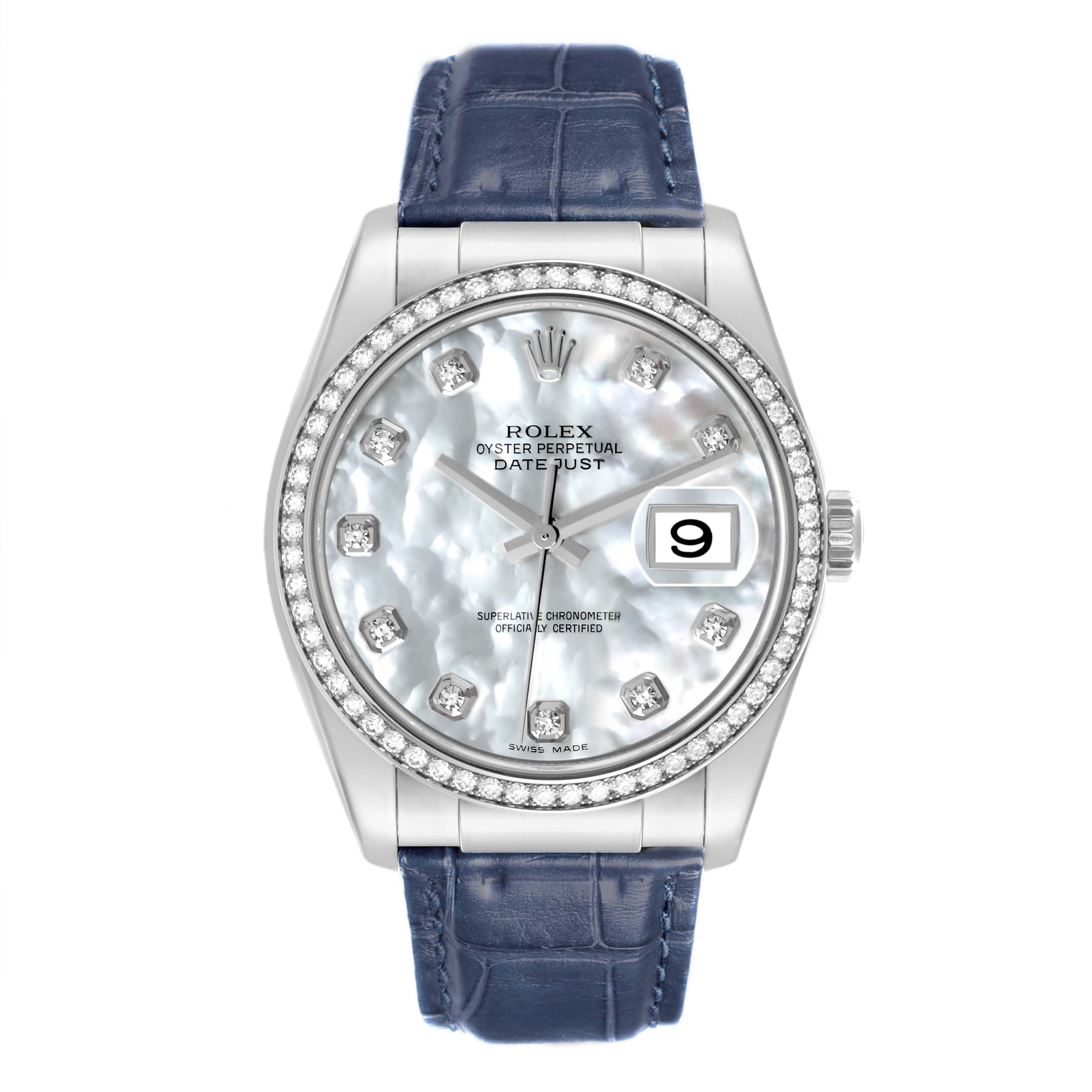 The Rolex Datejust 116189 Men's White Gold Mother of Pearl Dial 116189 Men's White Gold Mother of Pearl Dial watch is shown from the front, displaying its face, bezel, and blue strap.