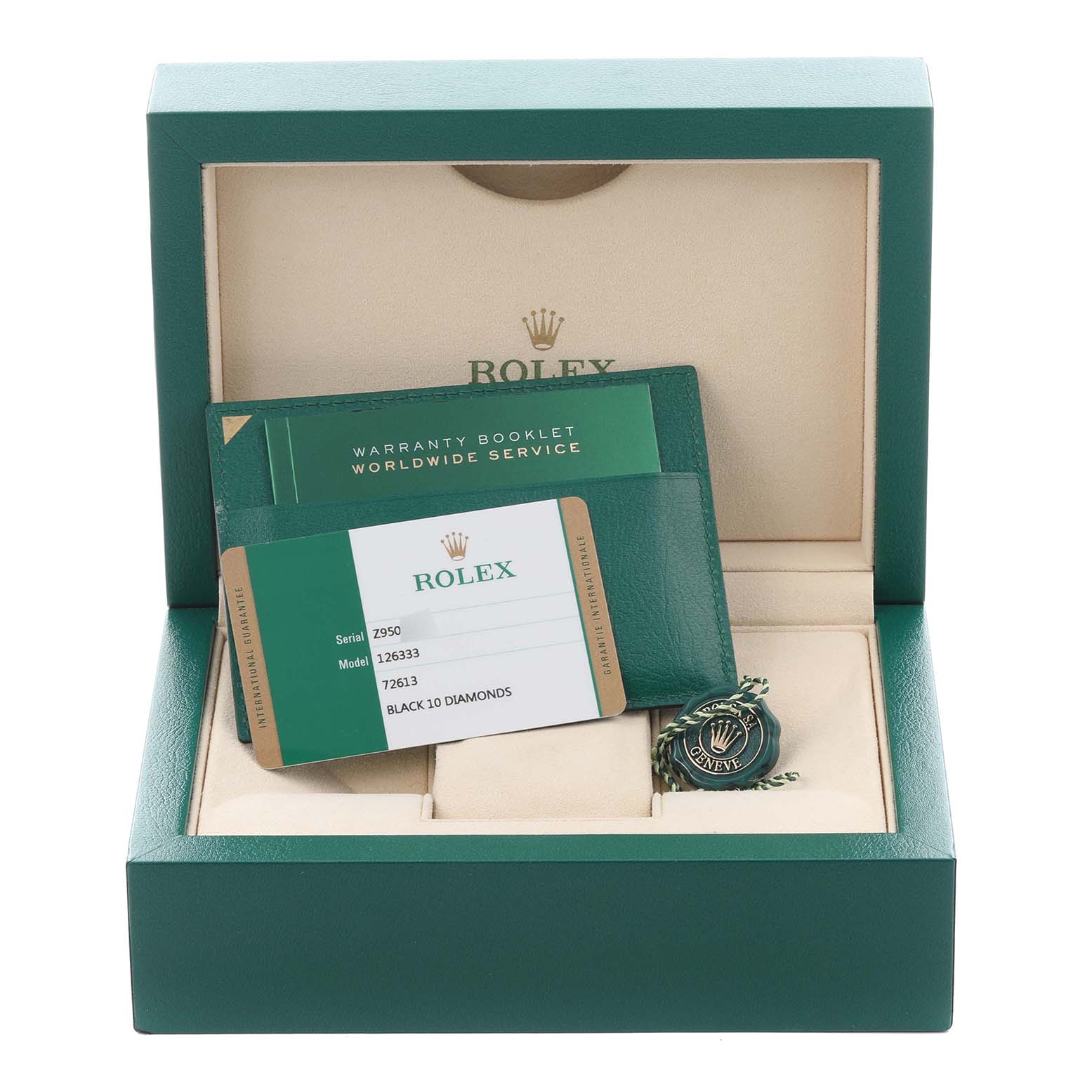 The image shows a Rolex Datejust 41 126333 Men's Steel and Gold (two tone) Black Dial 126333 Men's Steel and Gold (two tone) Black Dial box with a warranty card, booklet, and tag.
