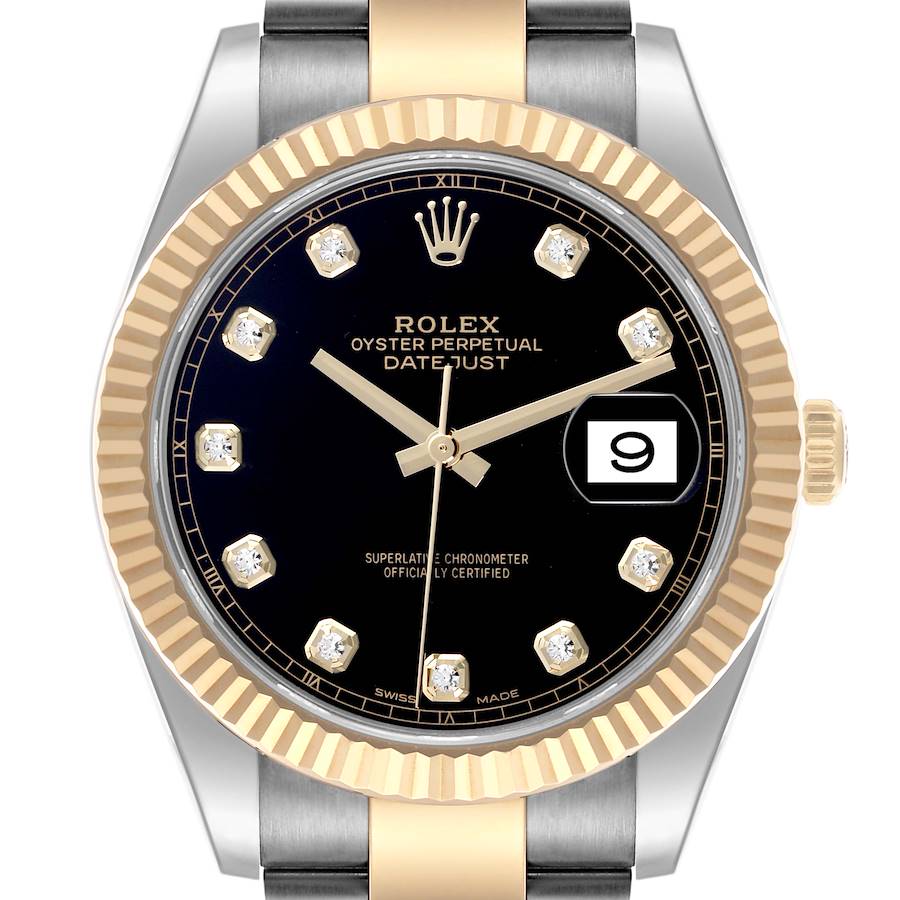 The Rolex Datejust 41 watch is shown from a front angle, highlighting the dial, bezel, and part of the bracelet.